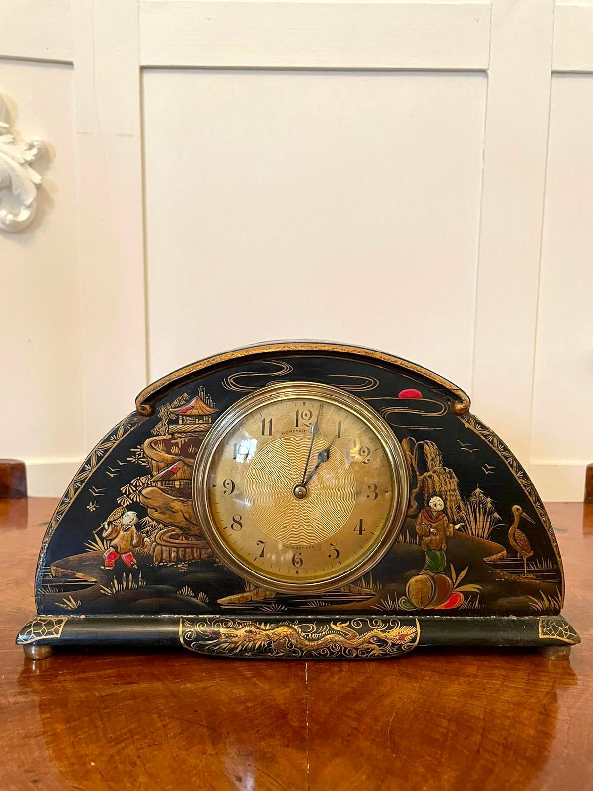 English Antique Art Deco Lacquered Chinoiserie Desk Clock
