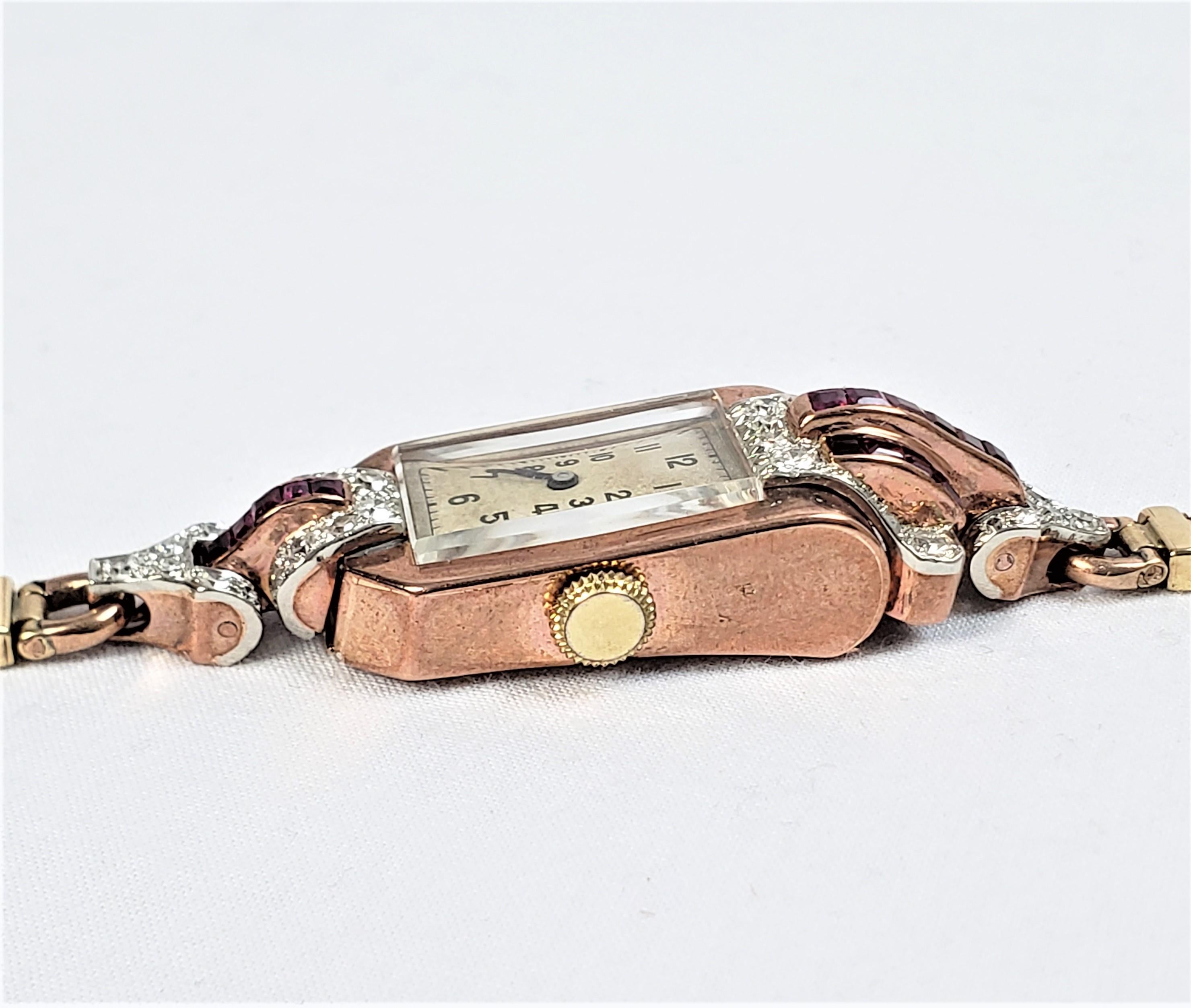 Antique Art Deco Ladies 9 Karat Rose Gold & Diamond Cocktail Wristwatch In Good Condition For Sale In Hamilton, Ontario