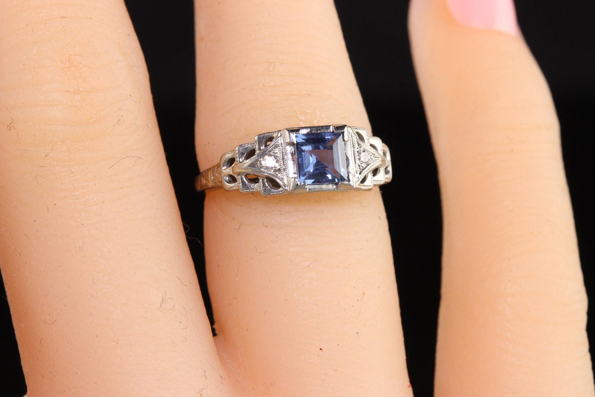 Women's Antique Art Deco Lambert Bros 18K White Gold Yogo Sapphire Engagement Ring