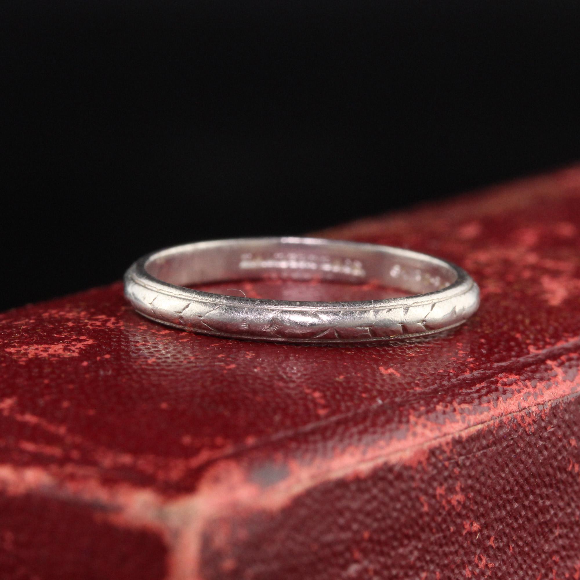 Beautiful Antique Art Deco Lambert Bros Platinum Engraved Wedding Band - Size 5. This classic wedding band is signed by Lambert Bros which is a well known jewelry house in which was created in the late 1800s.

Item #R0972

Metal: Platinum

Weight: