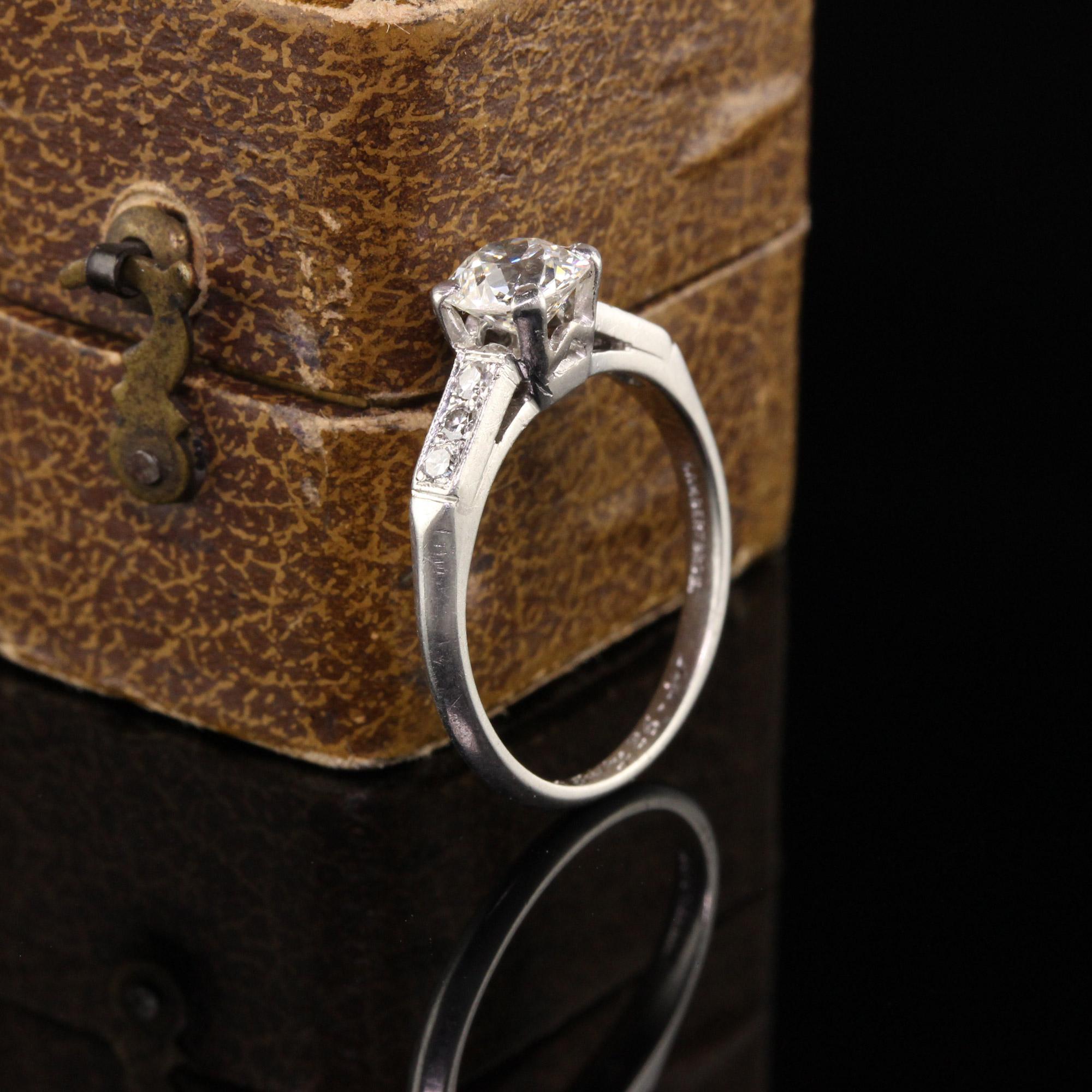 Classic Antique Art Deco Lambert Bros Platinum Old Mine Diamond Engagement Ring. This gorgeous engagement ring has a .65 ct old mine cut diamond in the center of a beautiful Lambert Bros art deco mounting with single cut diamond accents.

Item