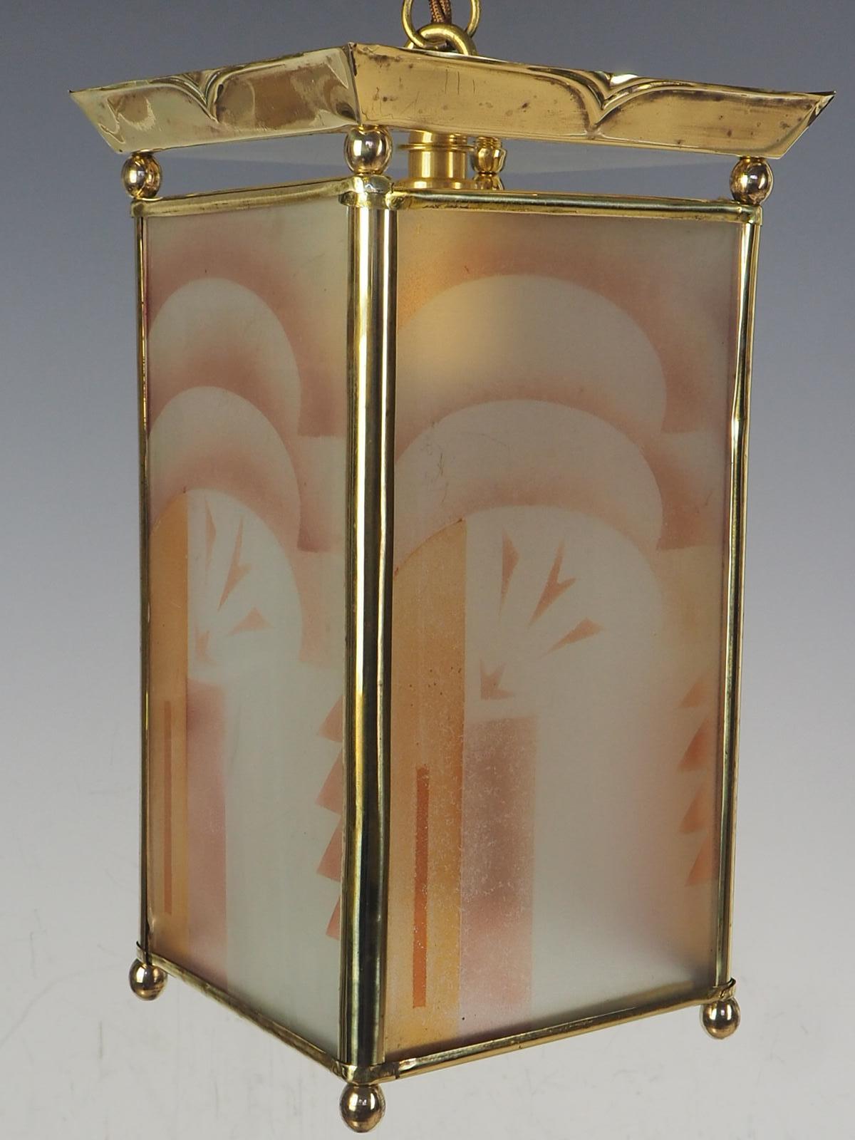 Antique Art Deco Lantern with Geometric Abstract Art Etched Glass Pattern In Good Condition For Sale In Lincoln, GB