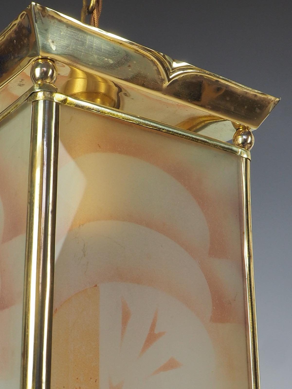 20th Century Antique Art Deco Lantern with Geometric Abstract Art Etched Glass Pattern For Sale