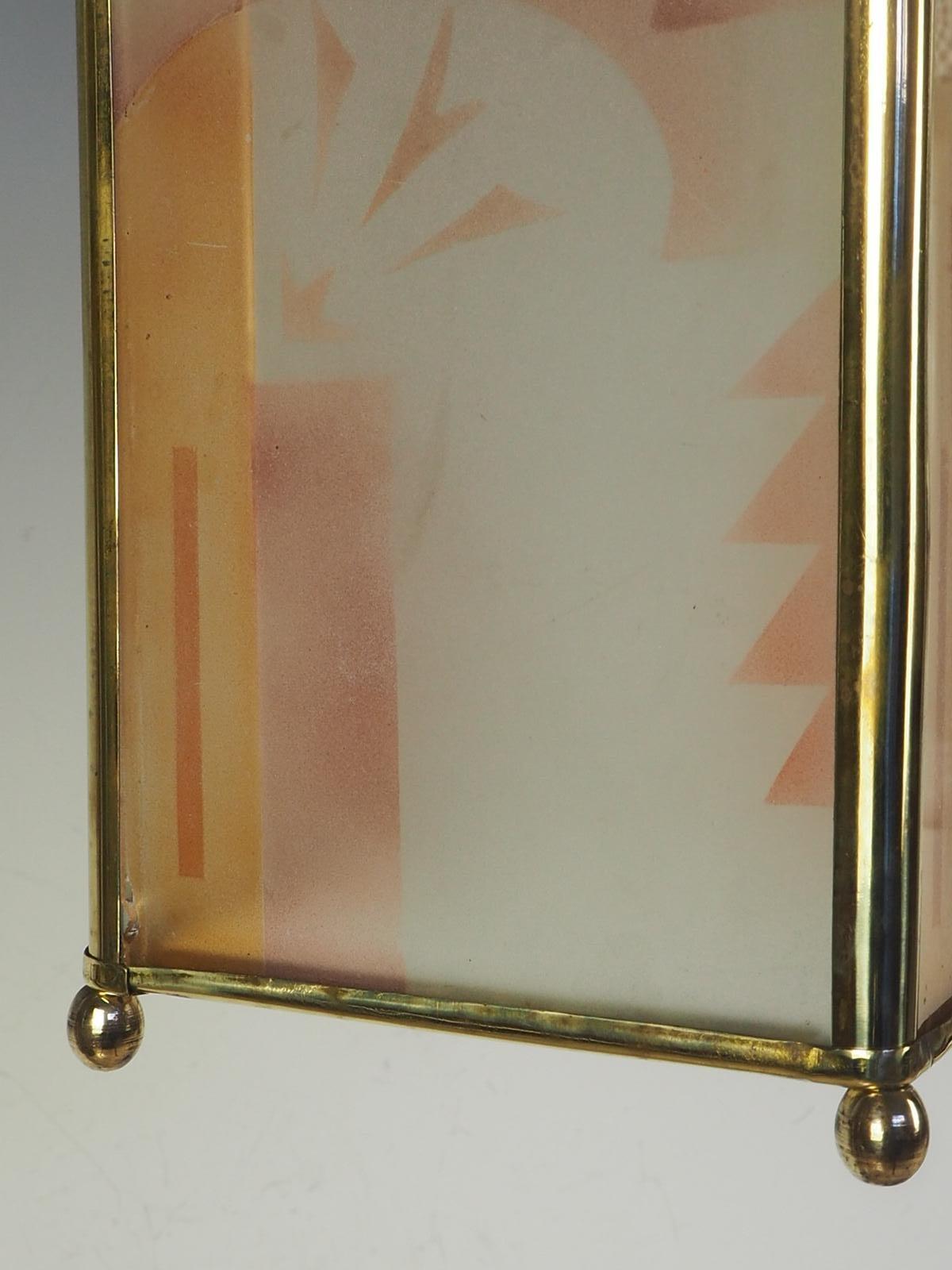 Brass Antique Art Deco Lantern with Geometric Abstract Art Etched Glass Pattern For Sale
