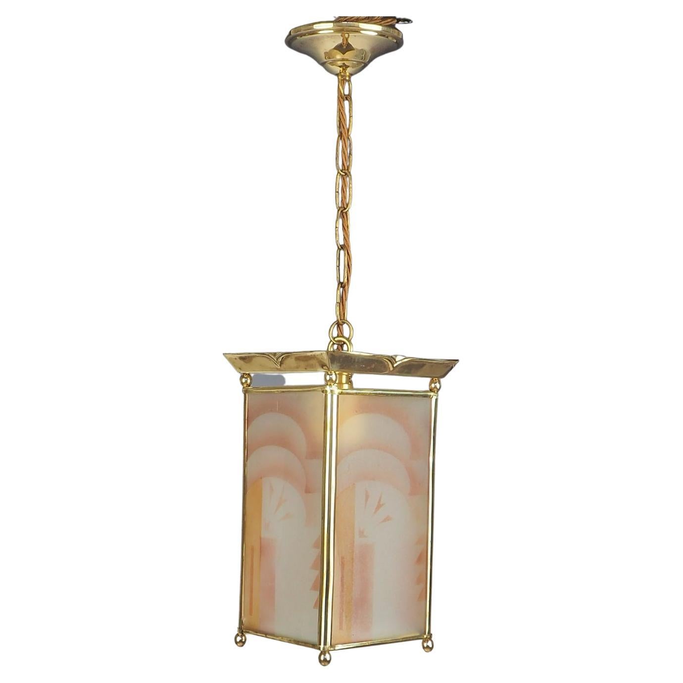 Antique Art Deco Lantern with Geometric Abstract Art Etched Glass Pattern For Sale