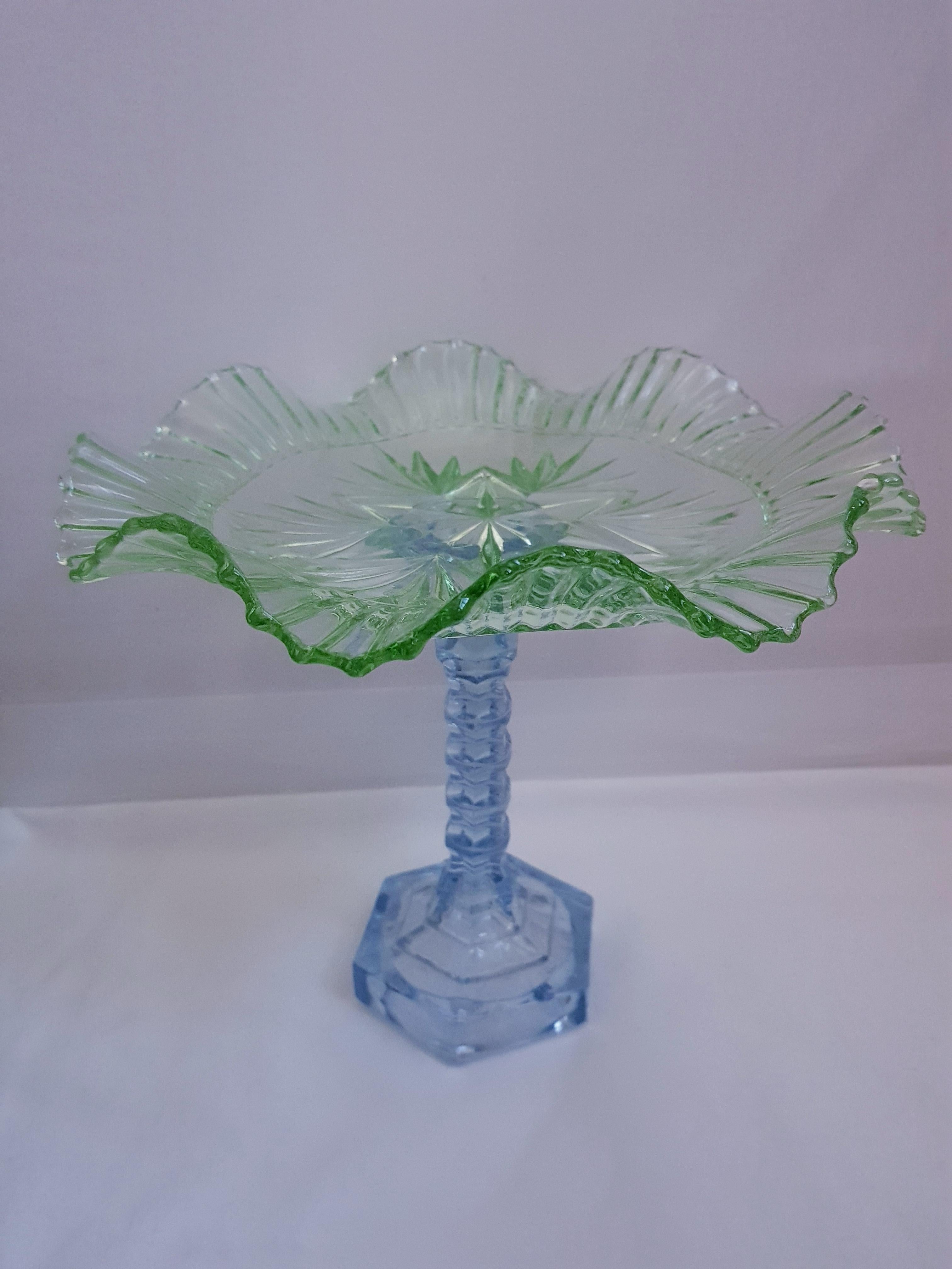 Beautiful antique Art Deco glass fruit bowl, blue and green brilliant condition.
