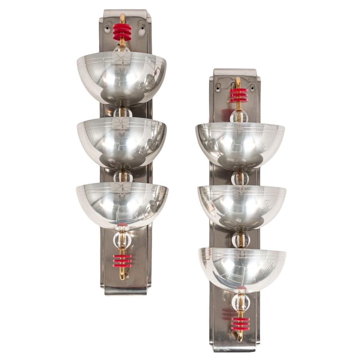 Antique Art Deco Large Silver Metal Wall Sconce Lamps, 34”