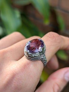 Antique Art Deco Lavender Amethyst & Pearl Filigree Ring 14K White Gold K / 5