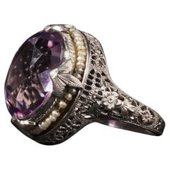 Antique Art Deco Lavender Amethyst & Pearl Filigree Ring 14K White Gold K / 5