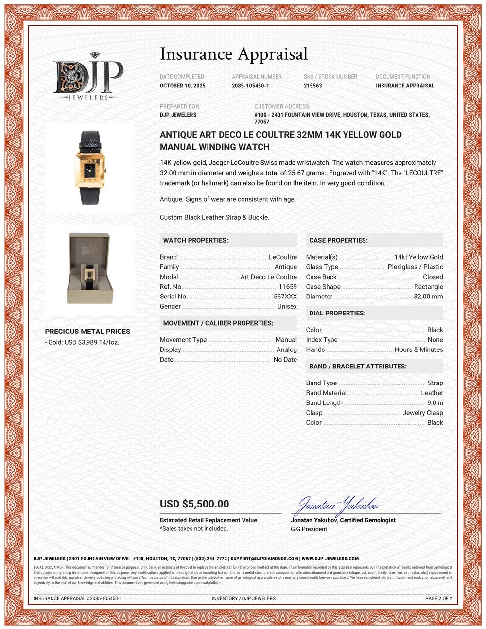 Reloj Antiguo Art Decó Le Coultre 32MM Oro Amarillo 14K Cuerda Manual en venta 7