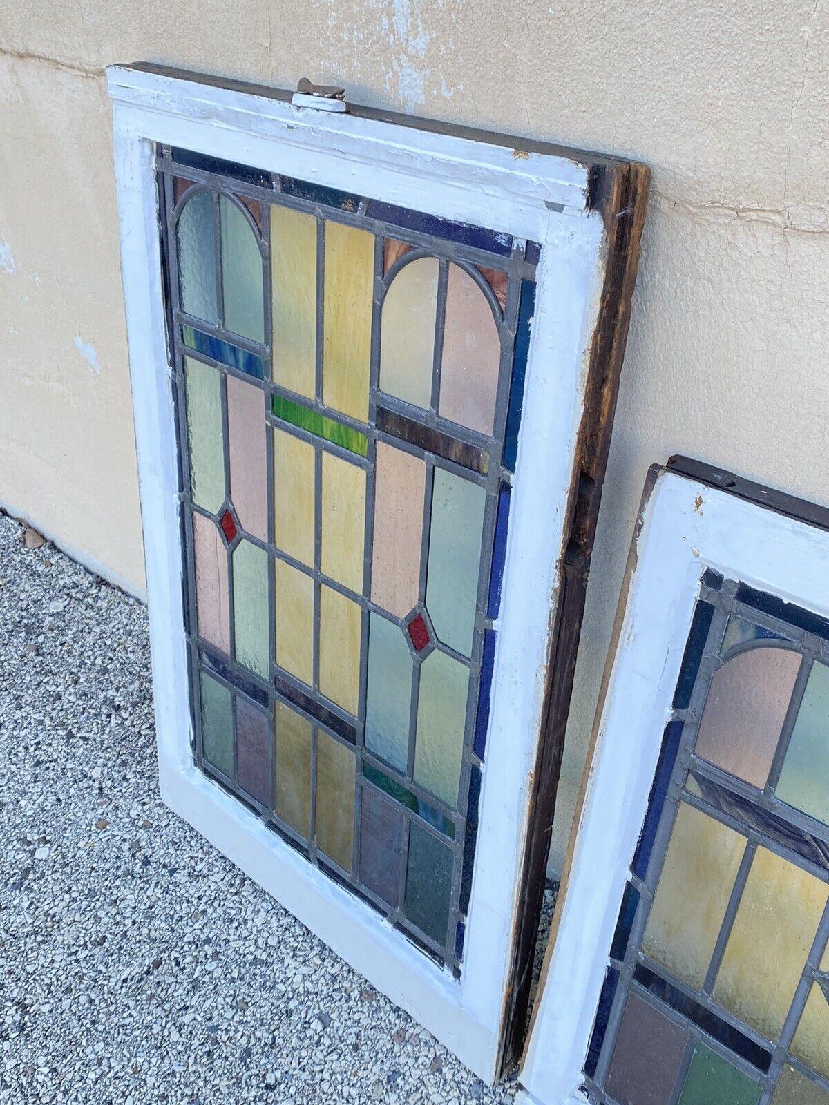 Antique Art Deco Leaded Stained Glass Pink Green Blue Yellow Windows, '2' Pair For Sale 6