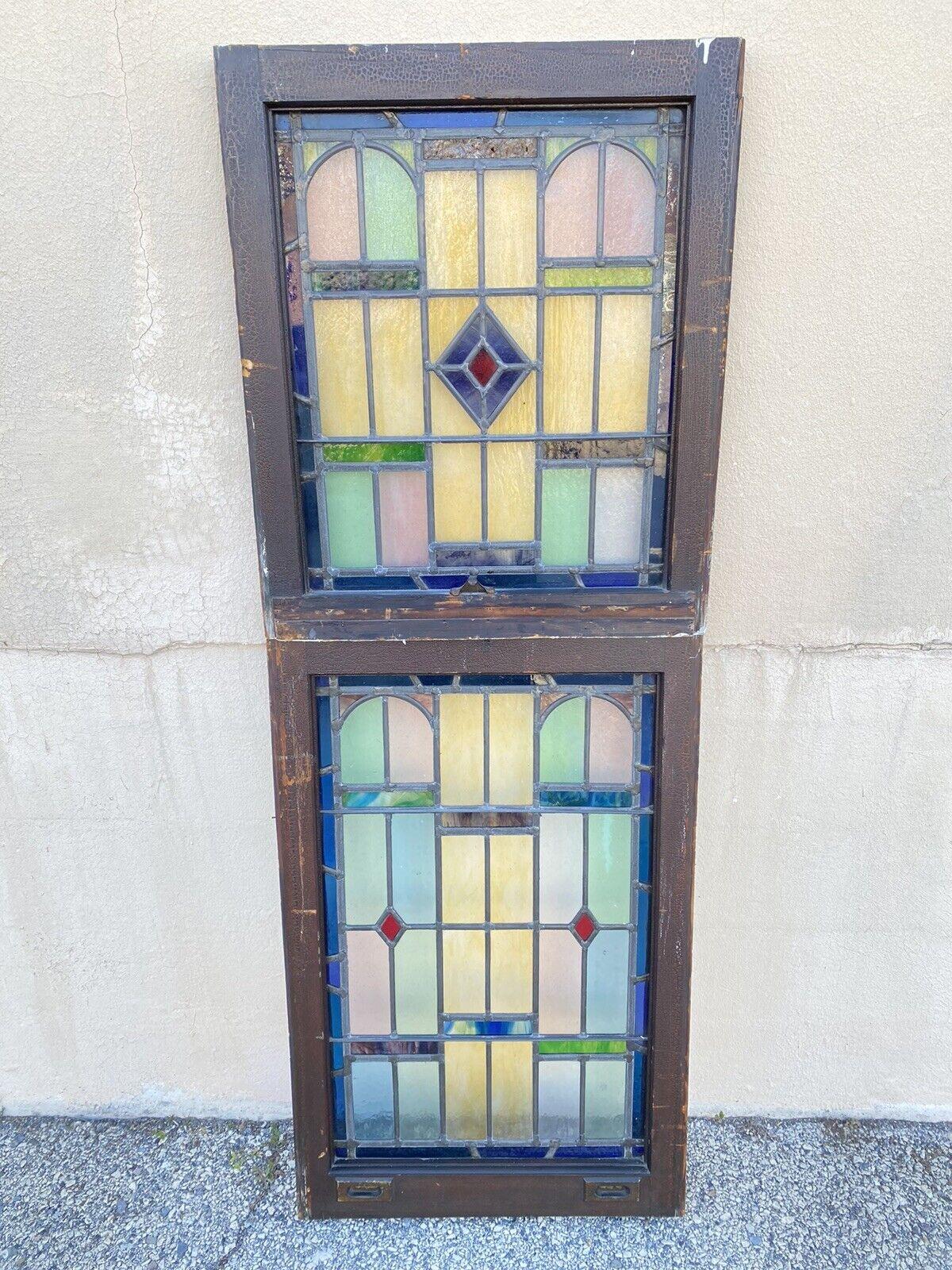 Antique Art Deco Leaded Stained Glass Pink Green Blue Yellow Windows, '2' Pair For Sale 7
