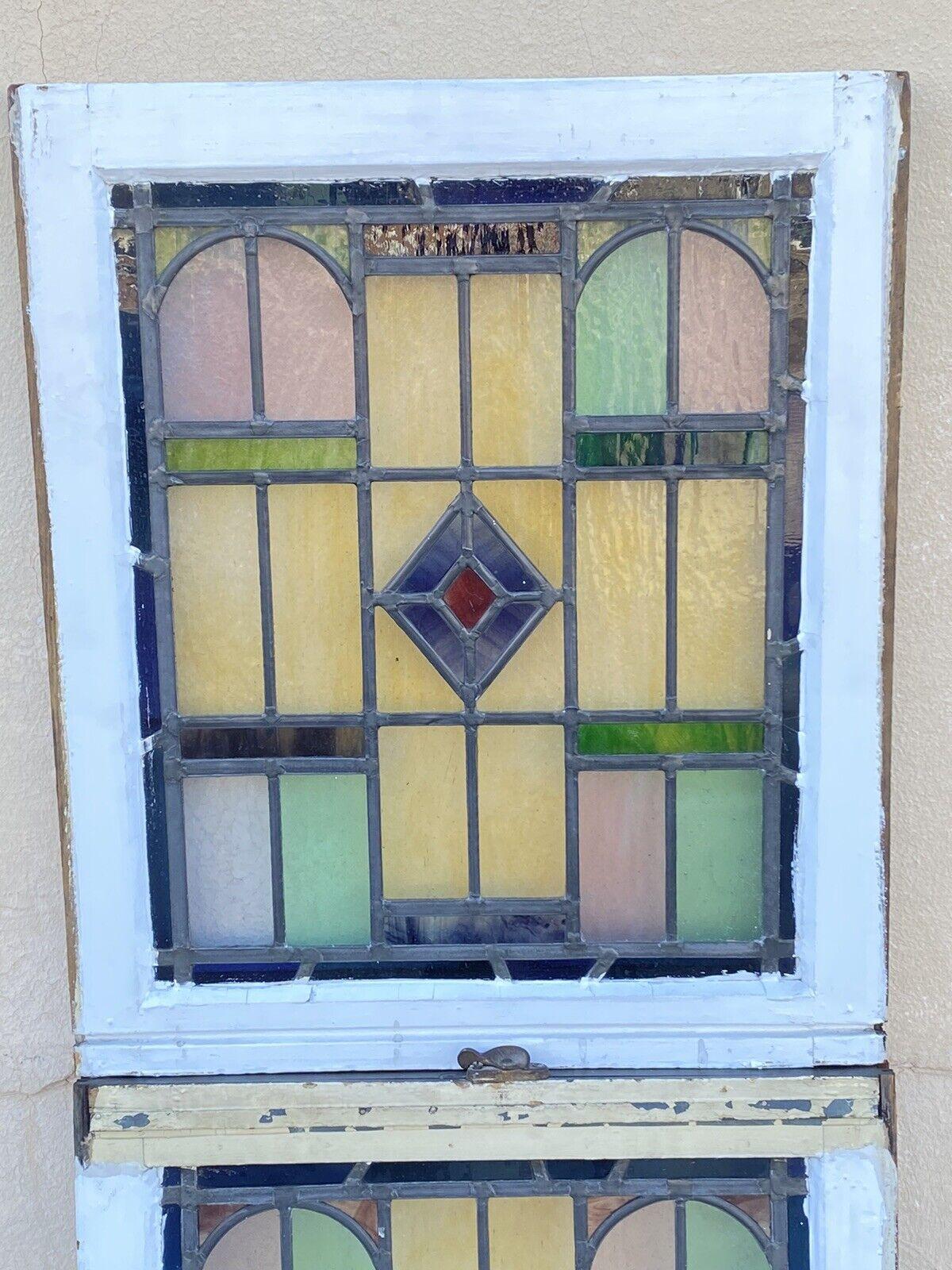 Antique Art Deco Leaded Stained Glass Pink Green Blue Yellow Windows, '2' Pair In Good Condition For Sale In Philadelphia, PA