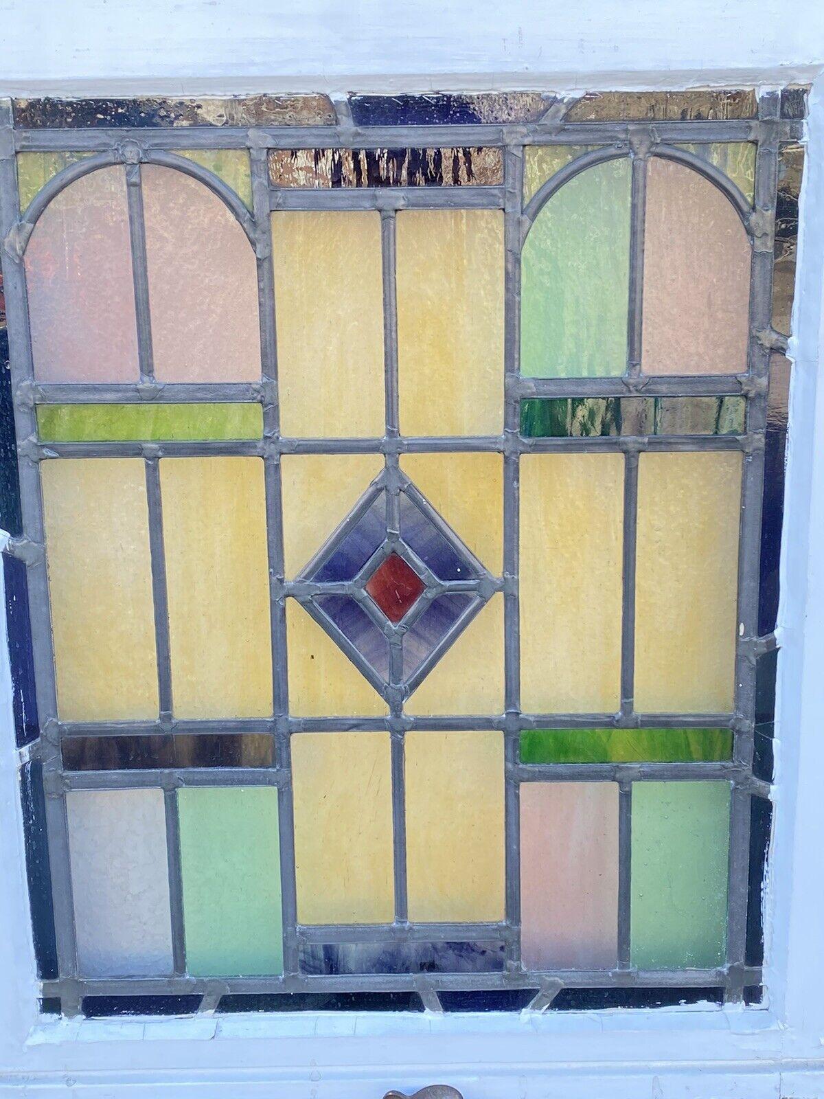 Early 20th Century Antique Art Deco Leaded Stained Glass Pink Green Blue Yellow Windows, '2' Pair For Sale