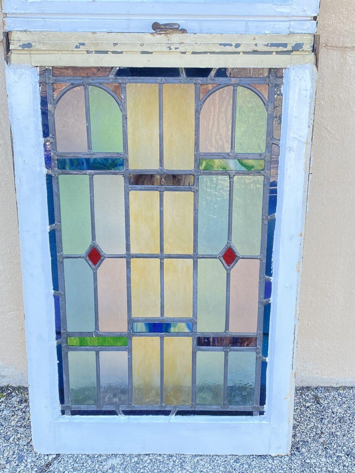 Antique Art Deco Leaded Stained Glass Pink Green Blue Yellow Windows, '2' Pair For Sale 1