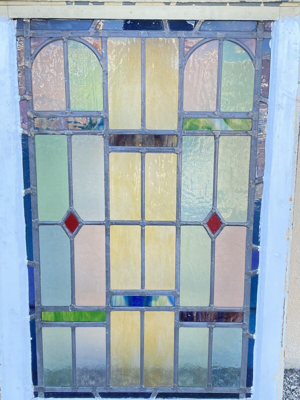 Antique Art Deco Leaded Stained Glass Pink Green Blue Yellow Windows, '2' Pair For Sale 2