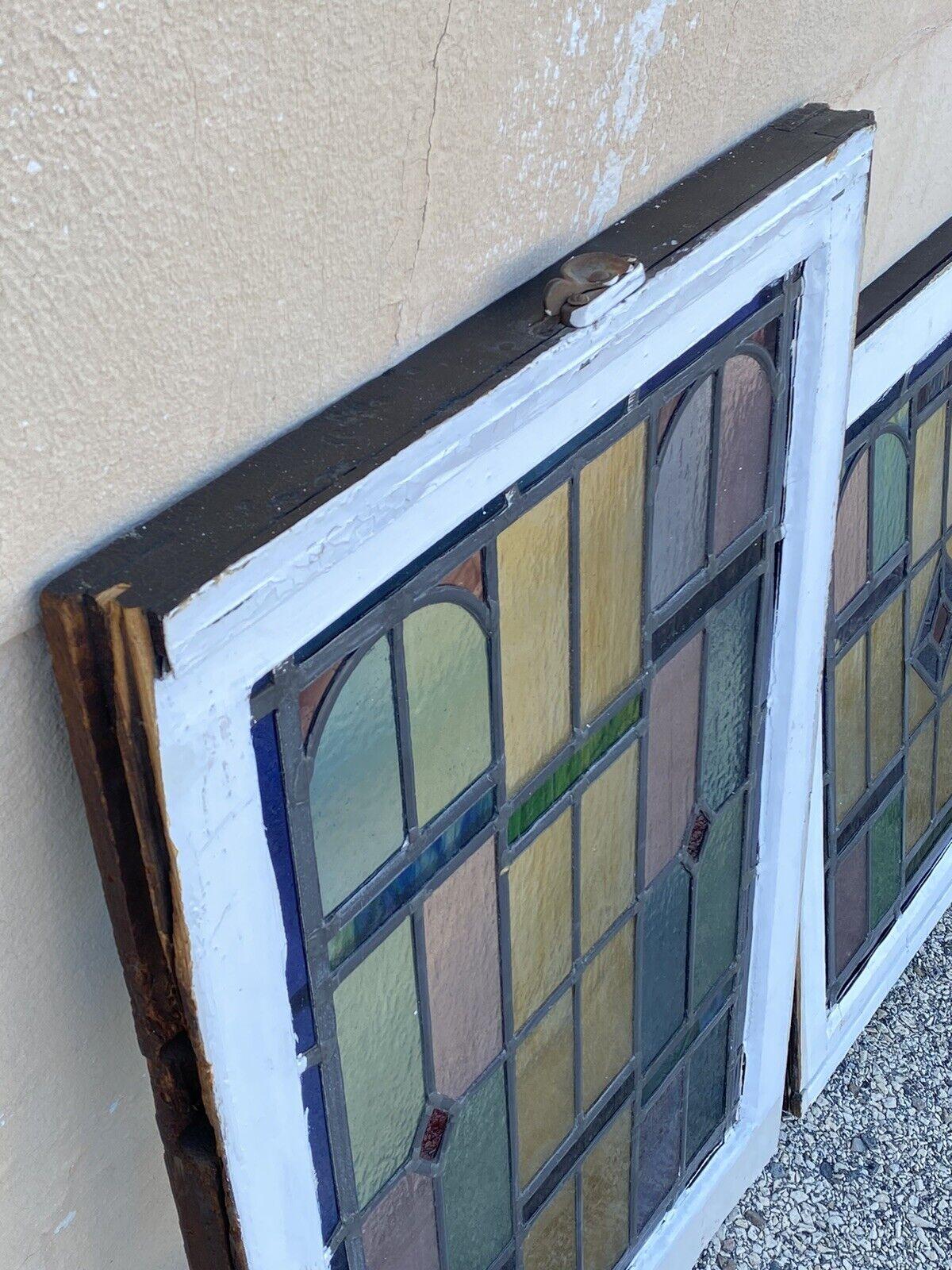 Antique Art Deco Leaded Stained Glass Pink Green Blue Yellow Windows, '2' Pair For Sale 3