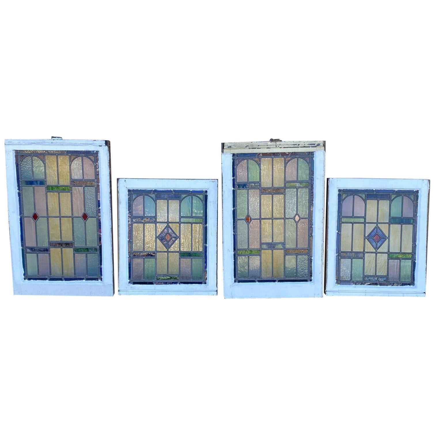Finestre antiche Art Deco con vetri colorati a piombo rosa verde blu giallo - (2) Coppia