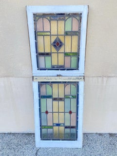Antike Art Deco Bleiverglasung Rosa Grün Blau Gelb Fenster - ein Paar