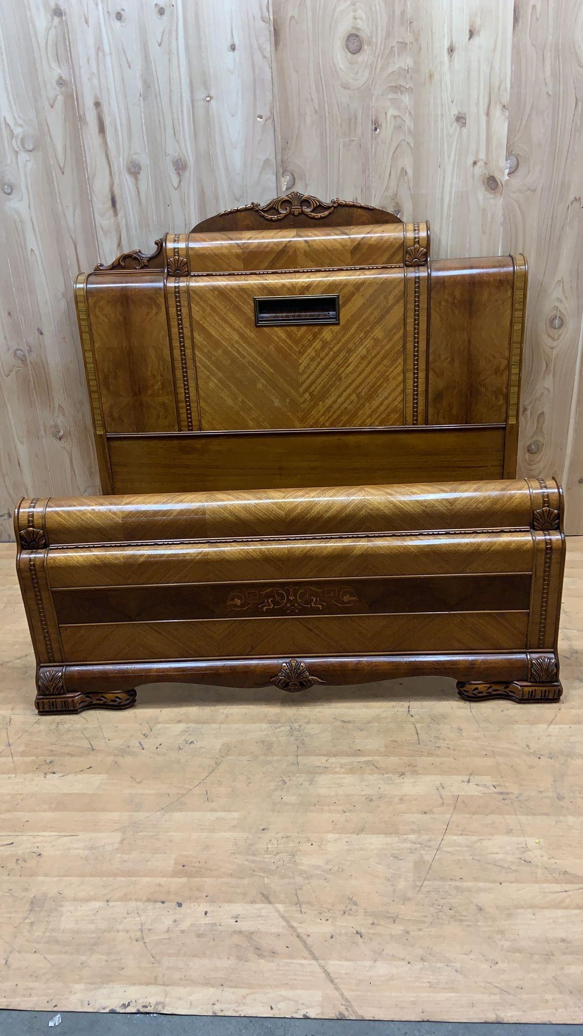 Antique Art Deco Leo Jiranek Satinwood and Oak Waterfall Bed Frame In Good Condition In Chicago, IL