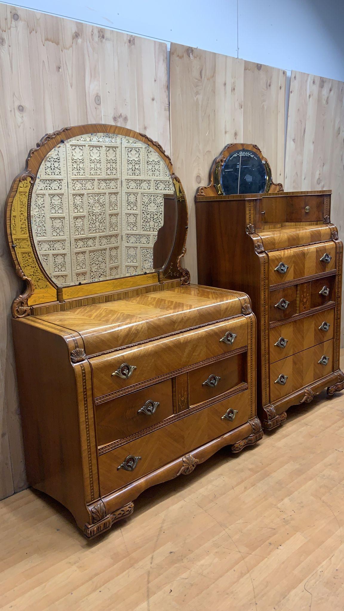 Antique Art Deco Leo Jiranek Satinwood Oak Waterfall Bedroom Set, 2 Piece Set 1