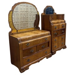 Vintage Art Deco Leo Jiranek Satinwood Oak Waterfall Bedroom Set, 2 Piece Set