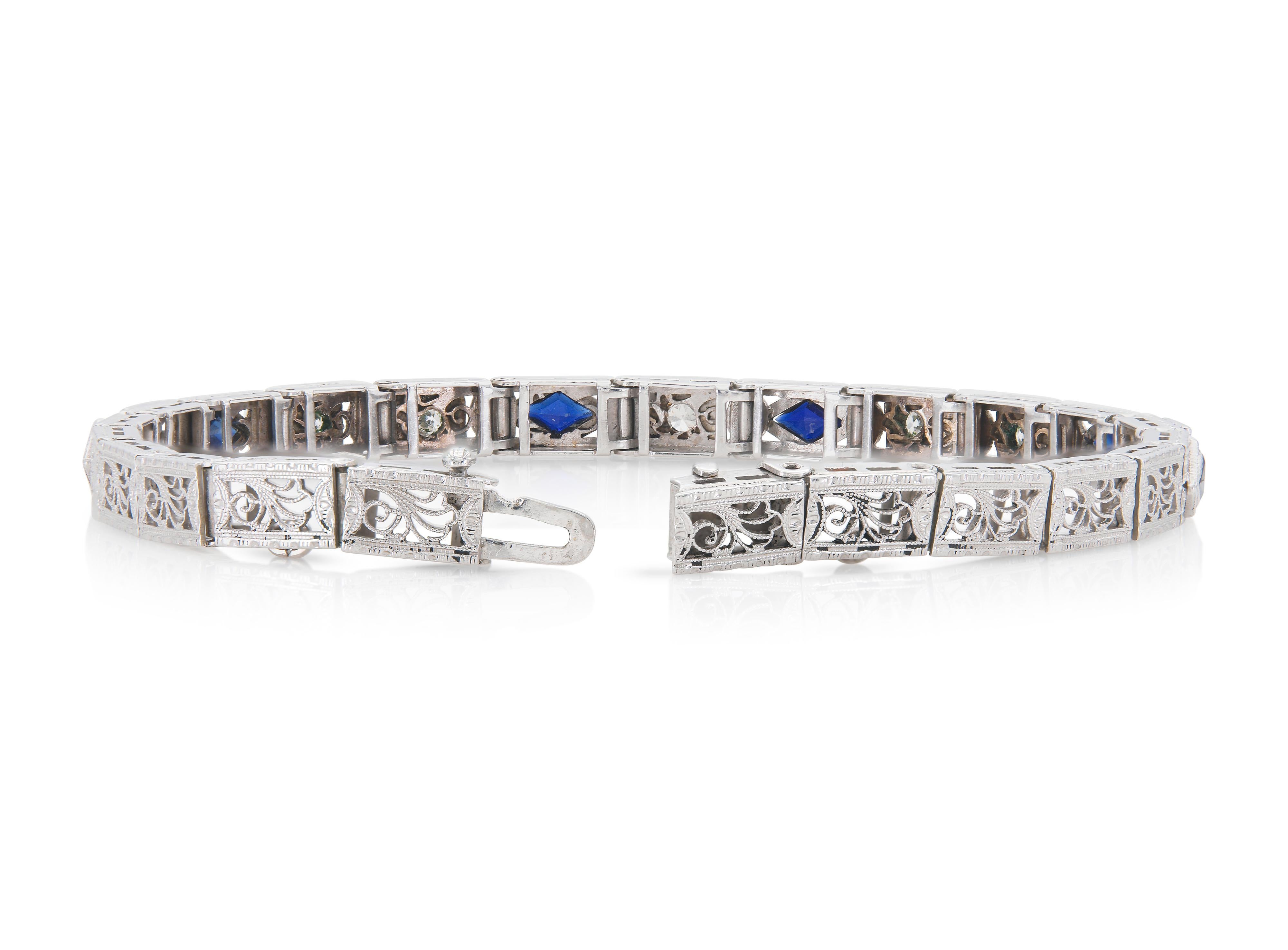 Antikes Art Deco Line Armband mit Diamanten und Saphiren (Alteuropäischer Schliff) im Angebot