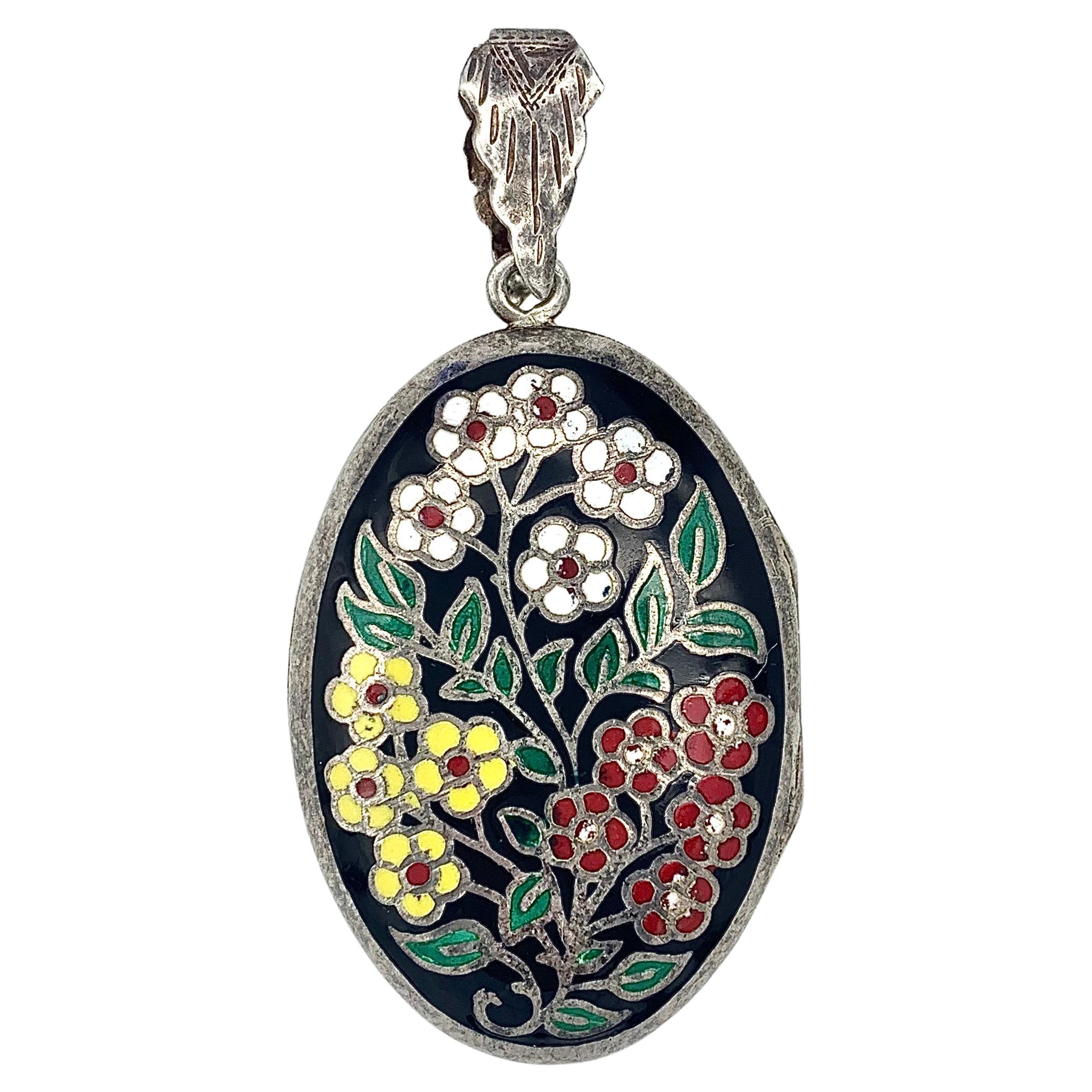 Antique Art Deco Locket Pendant Necklace Sterling Silver Enamel Flowers   For Sale