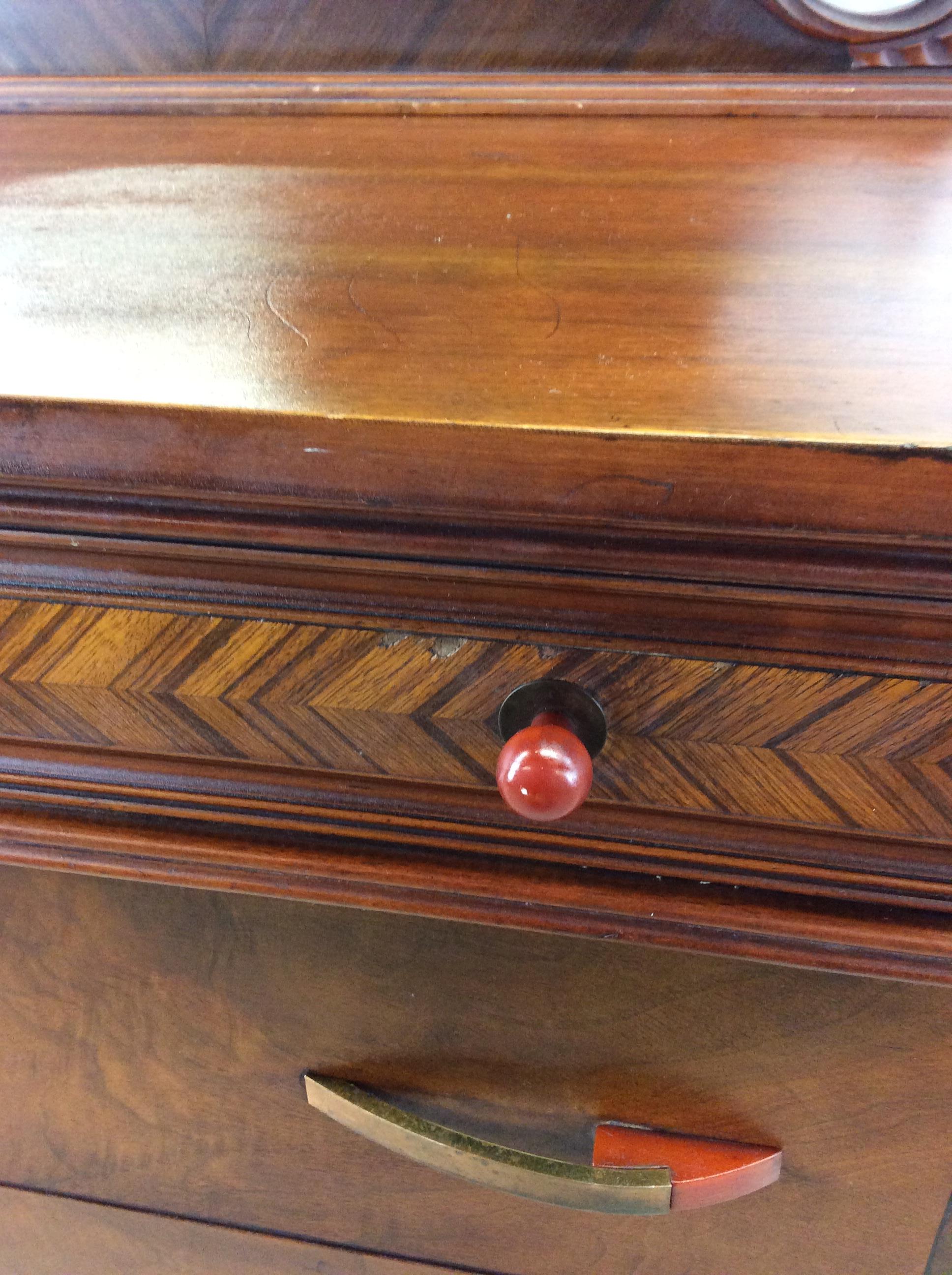 Antique Art Deco lowboy dresser with Bakelite pulls and mounted mirror For Sale 5