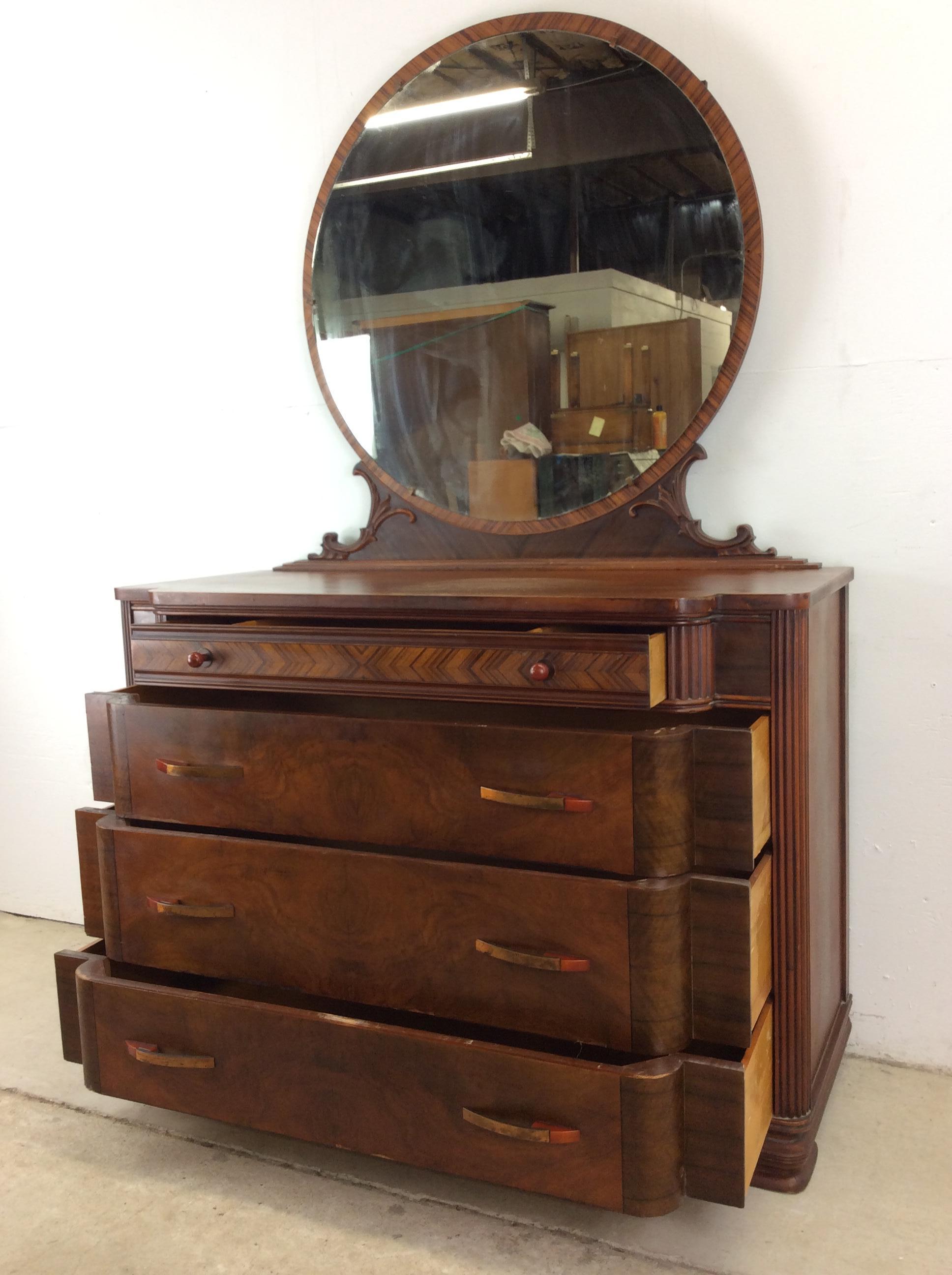 Antique Art Deco lowboy dresser with Bakelite pulls and mounted mirror For Sale 11