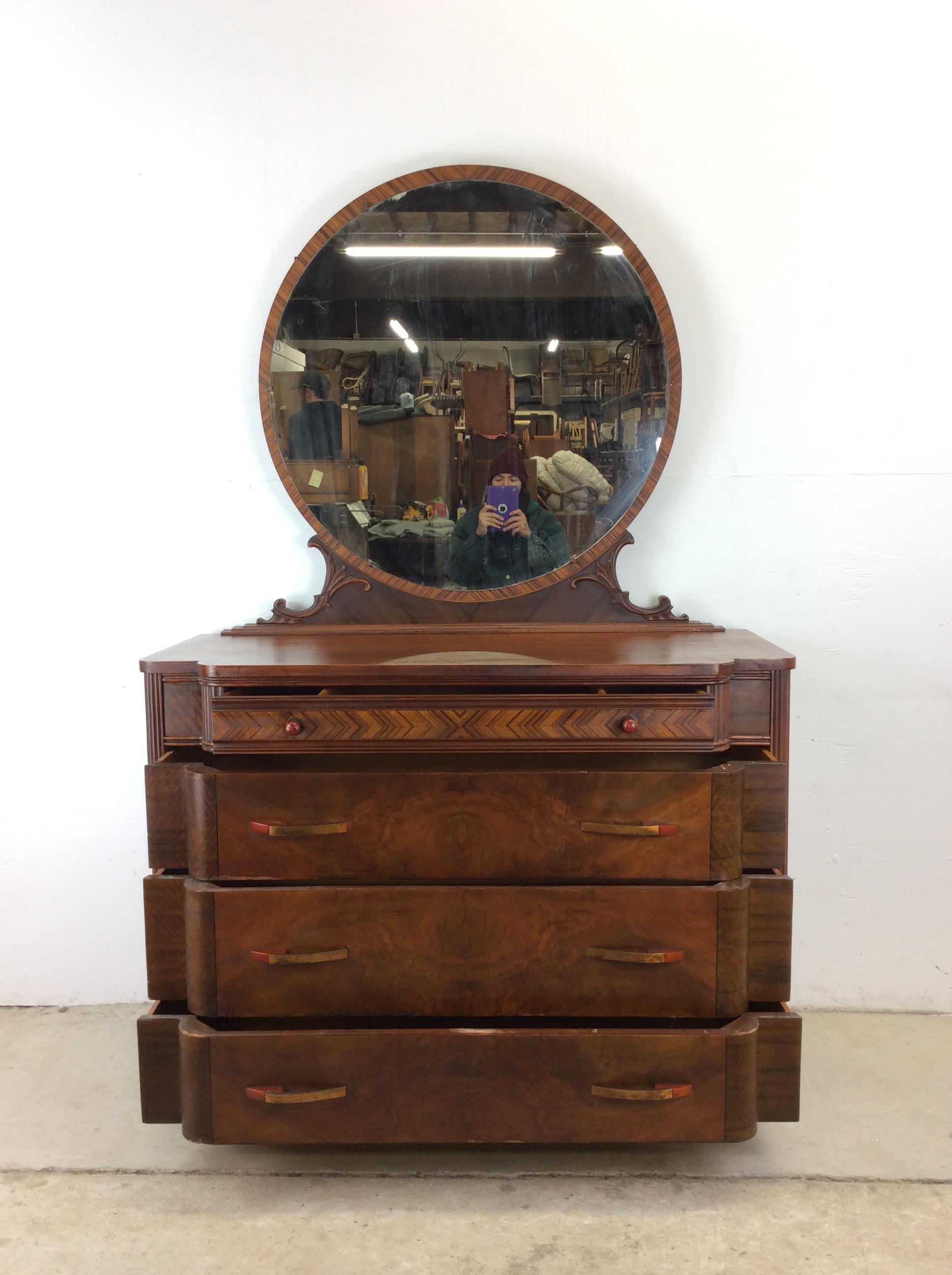 Antique Art Deco lowboy dresser with Bakelite pulls and mounted mirror For Sale 12