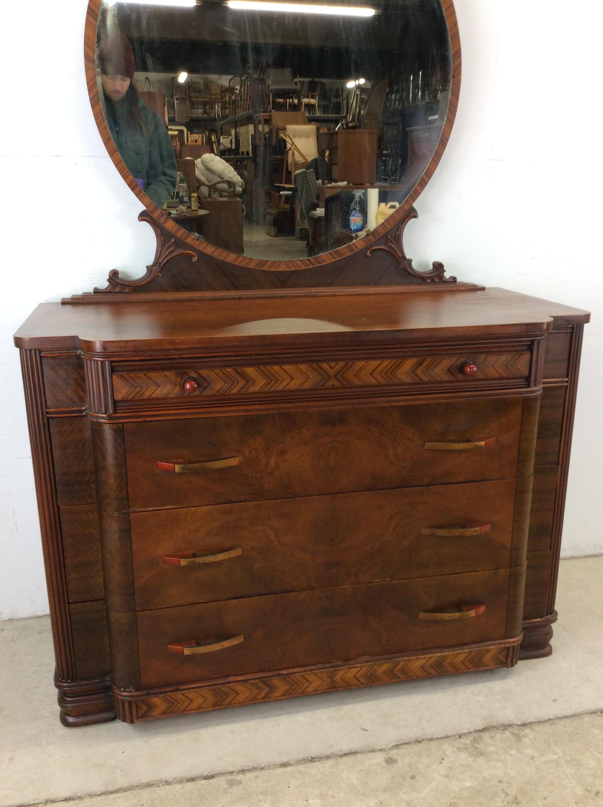 Antique Art Deco lowboy dresser with Bakelite pulls and mounted mirror In Good Condition For Sale In Freehold, NJ