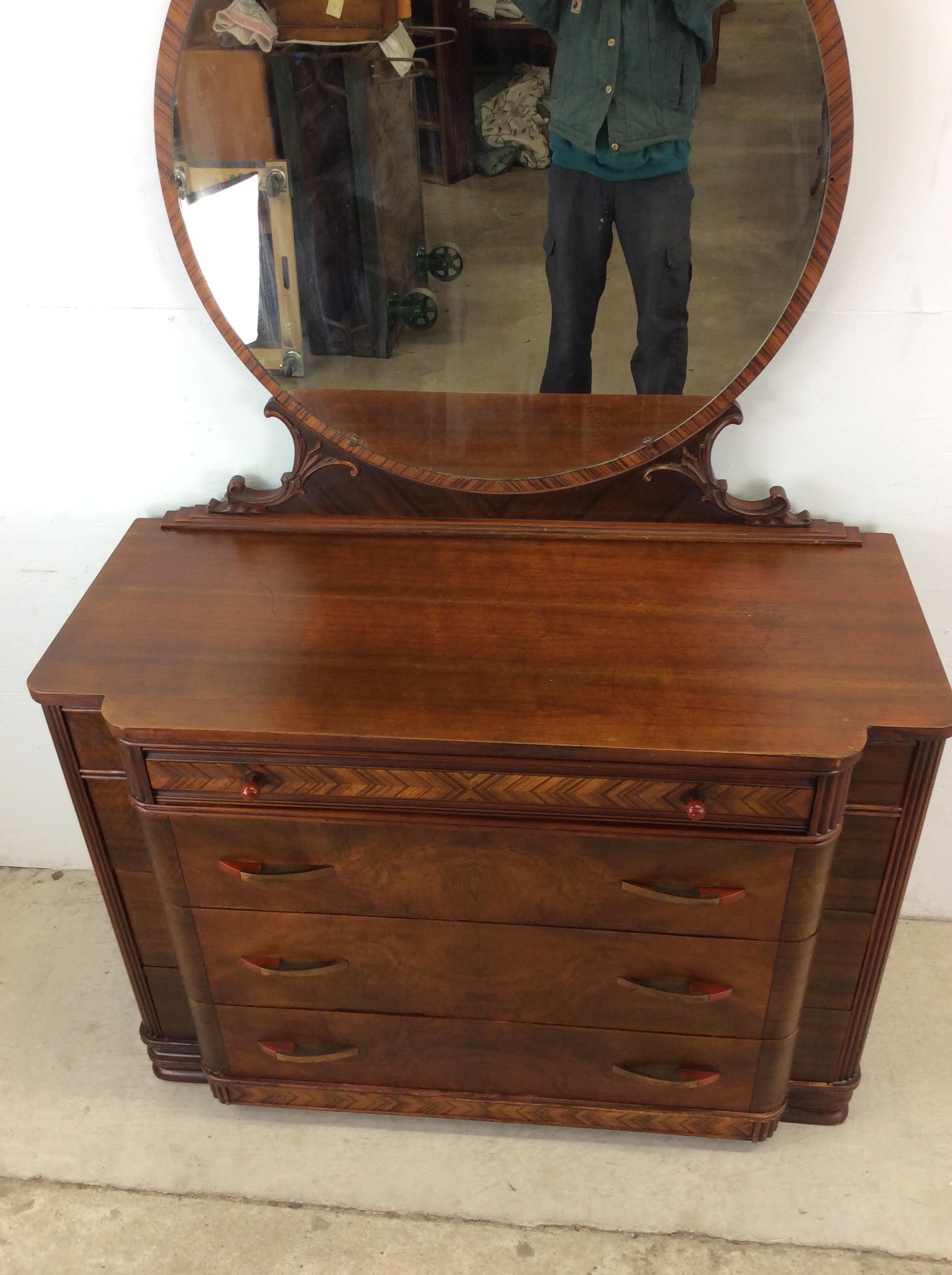 20th Century Antique Art Deco lowboy dresser with Bakelite pulls and mounted mirror For Sale