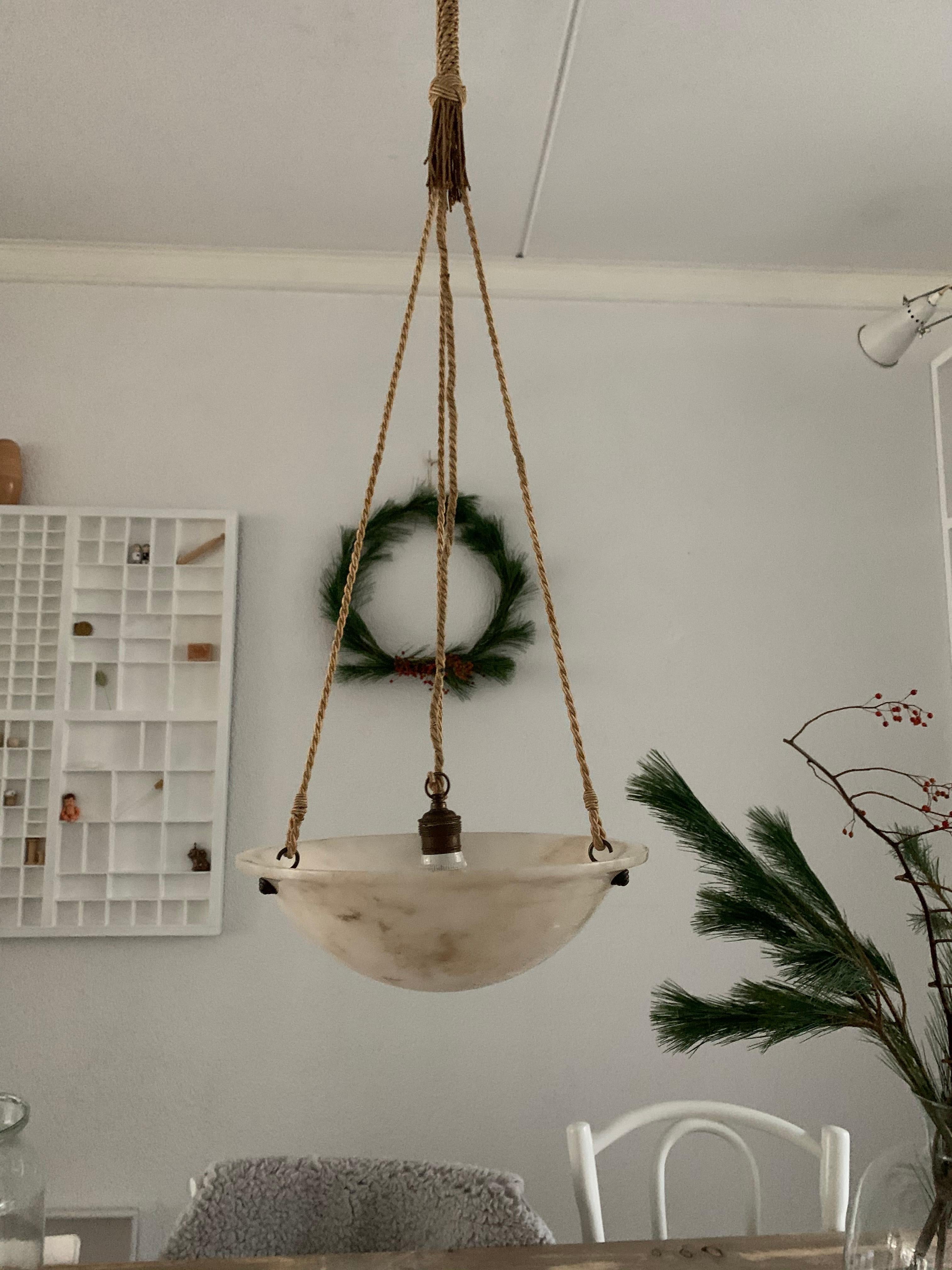 Art Deco White and Black Alabaster Pendant Light with Unique Original Long Rope 7