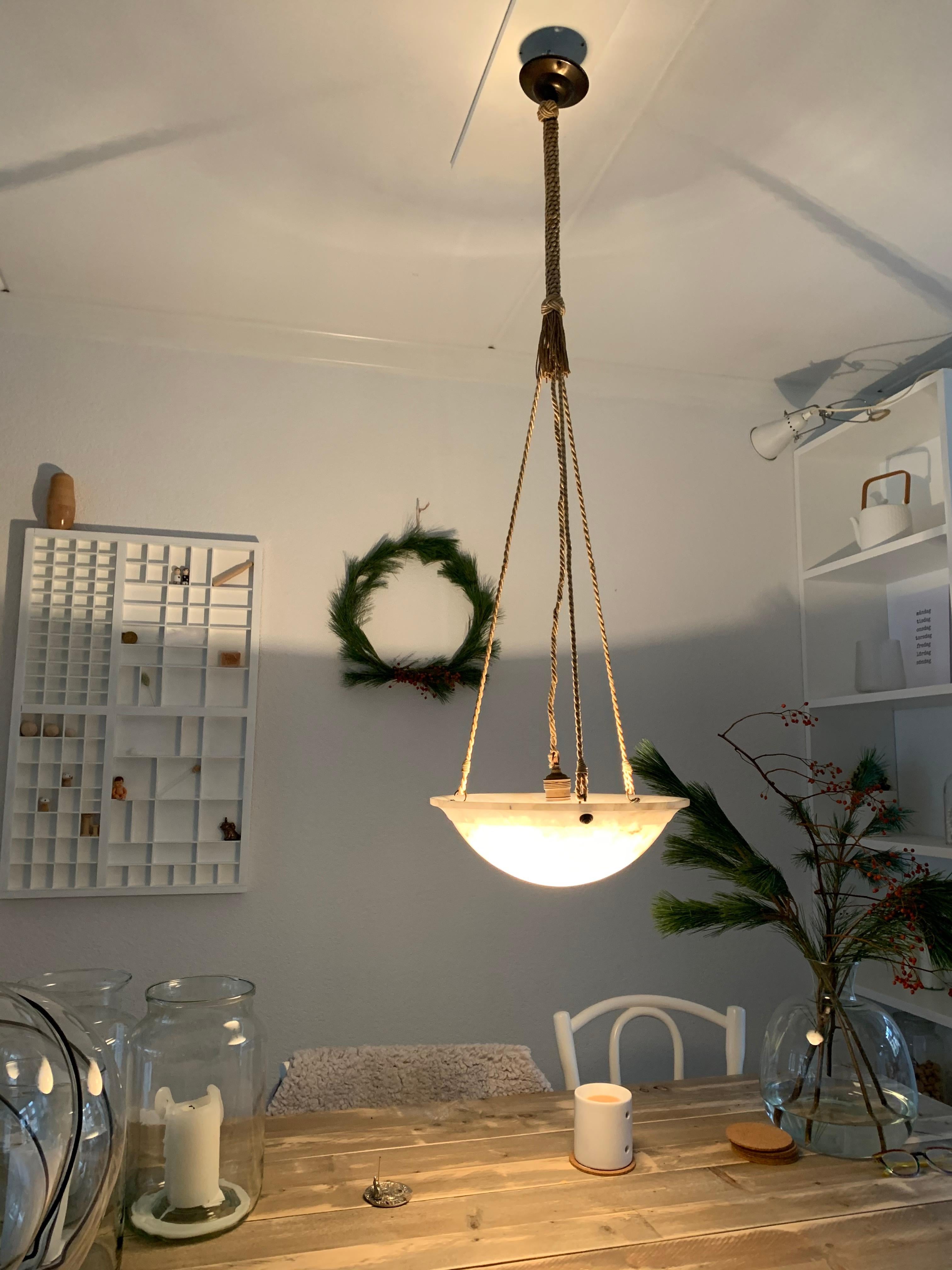 Art Deco White and Black Alabaster Pendant Light with Unique Original Long Rope 8