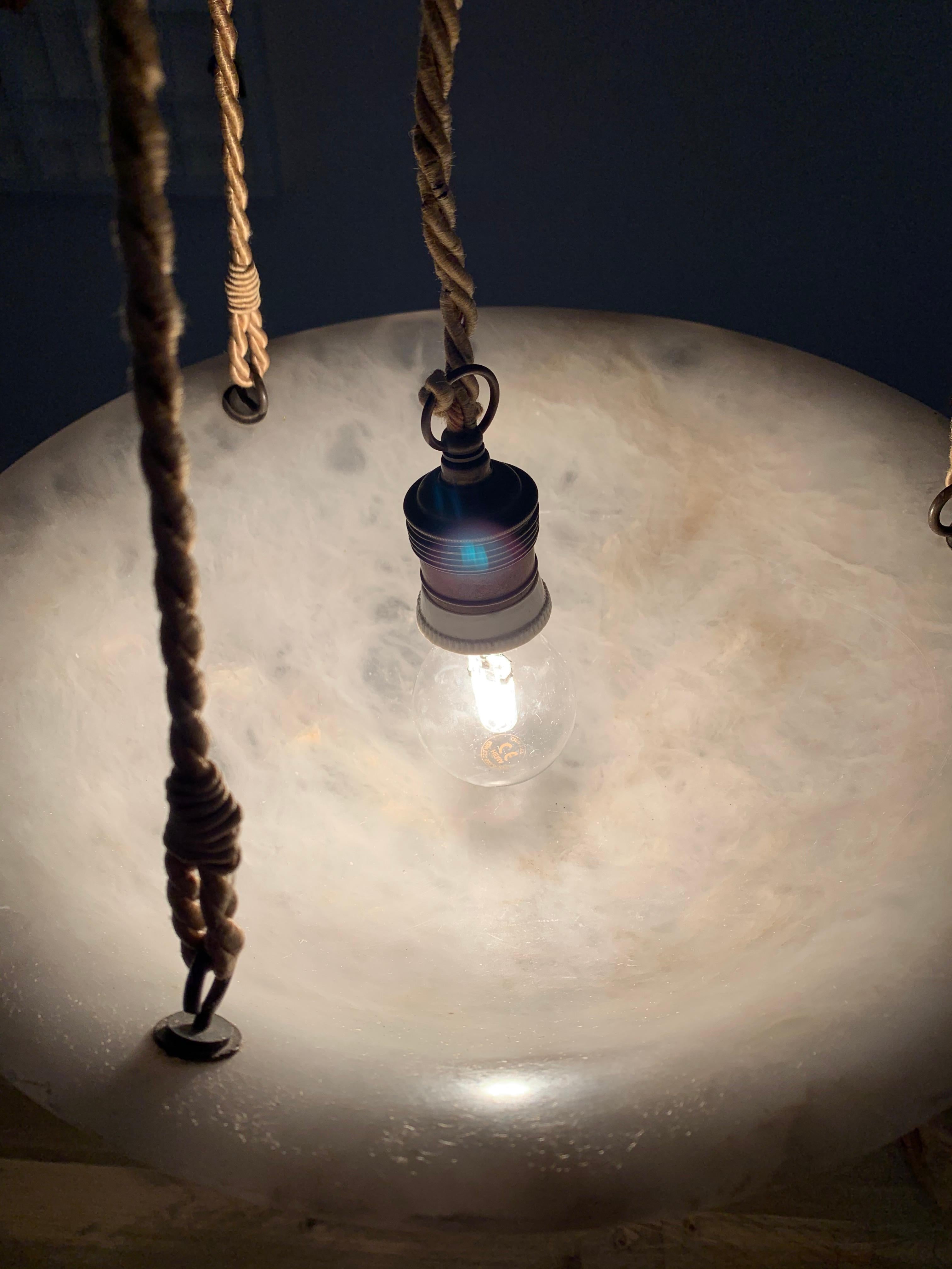 Hand-Knotted Art Deco White and Black Alabaster Pendant Light with Unique Original Long Rope