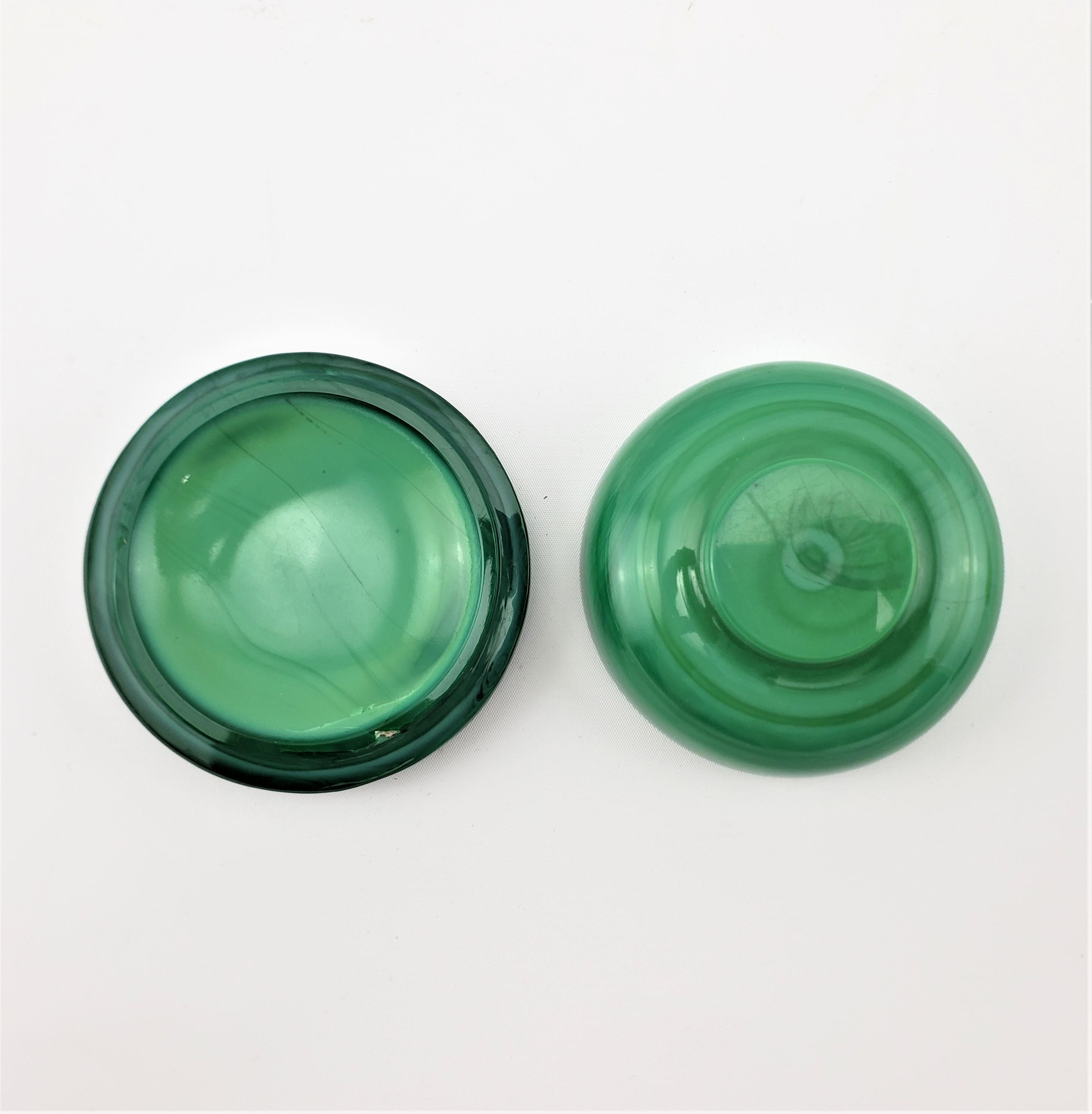 Metal Antique Art Deco Malachite Green Glass Perfume Spray Bottle & Dresser Jar Set For Sale