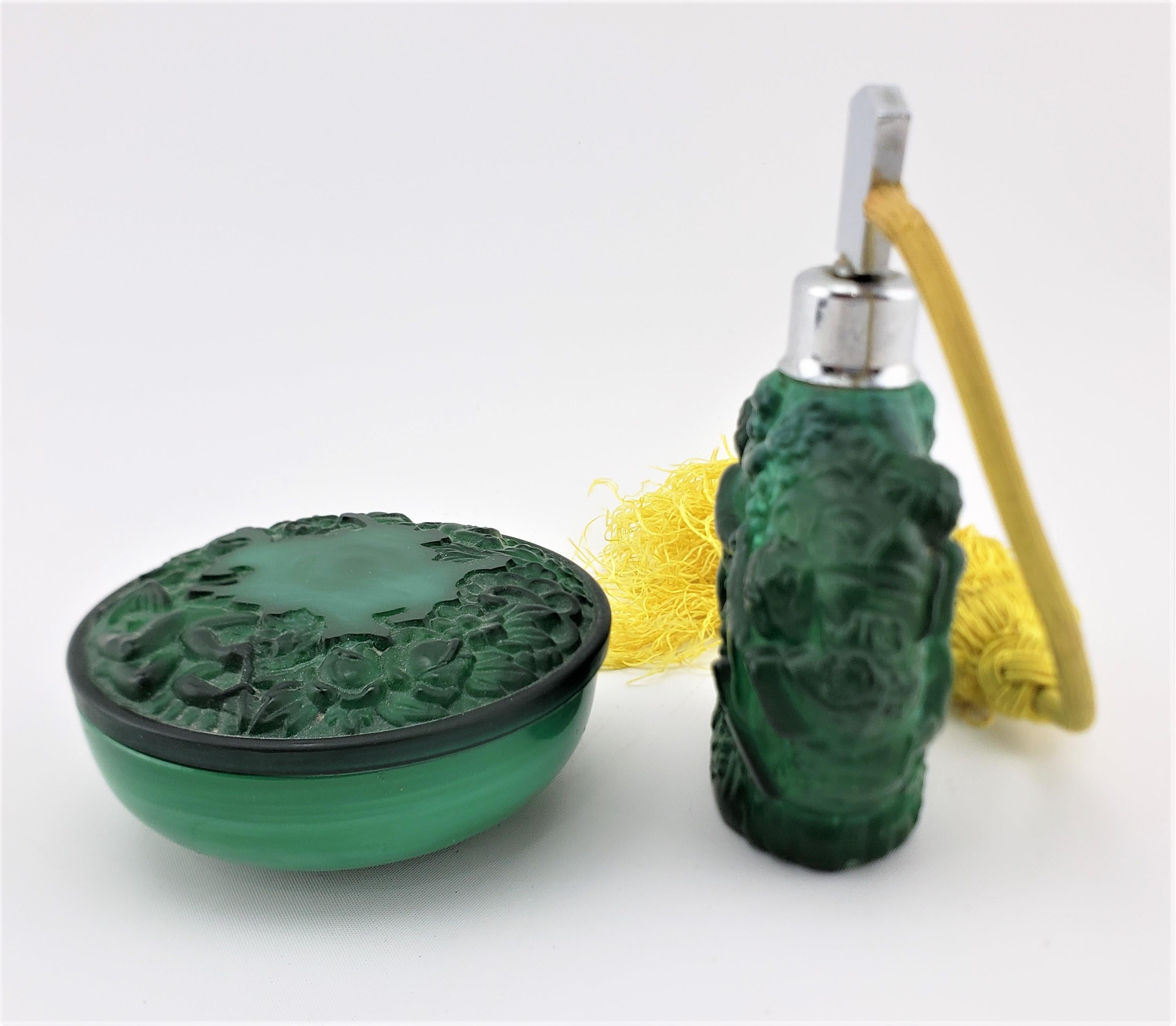 Austrian Antique Art Deco Malachite Green Glass Perfume Spray Bottle & Dresser Jar Set For Sale