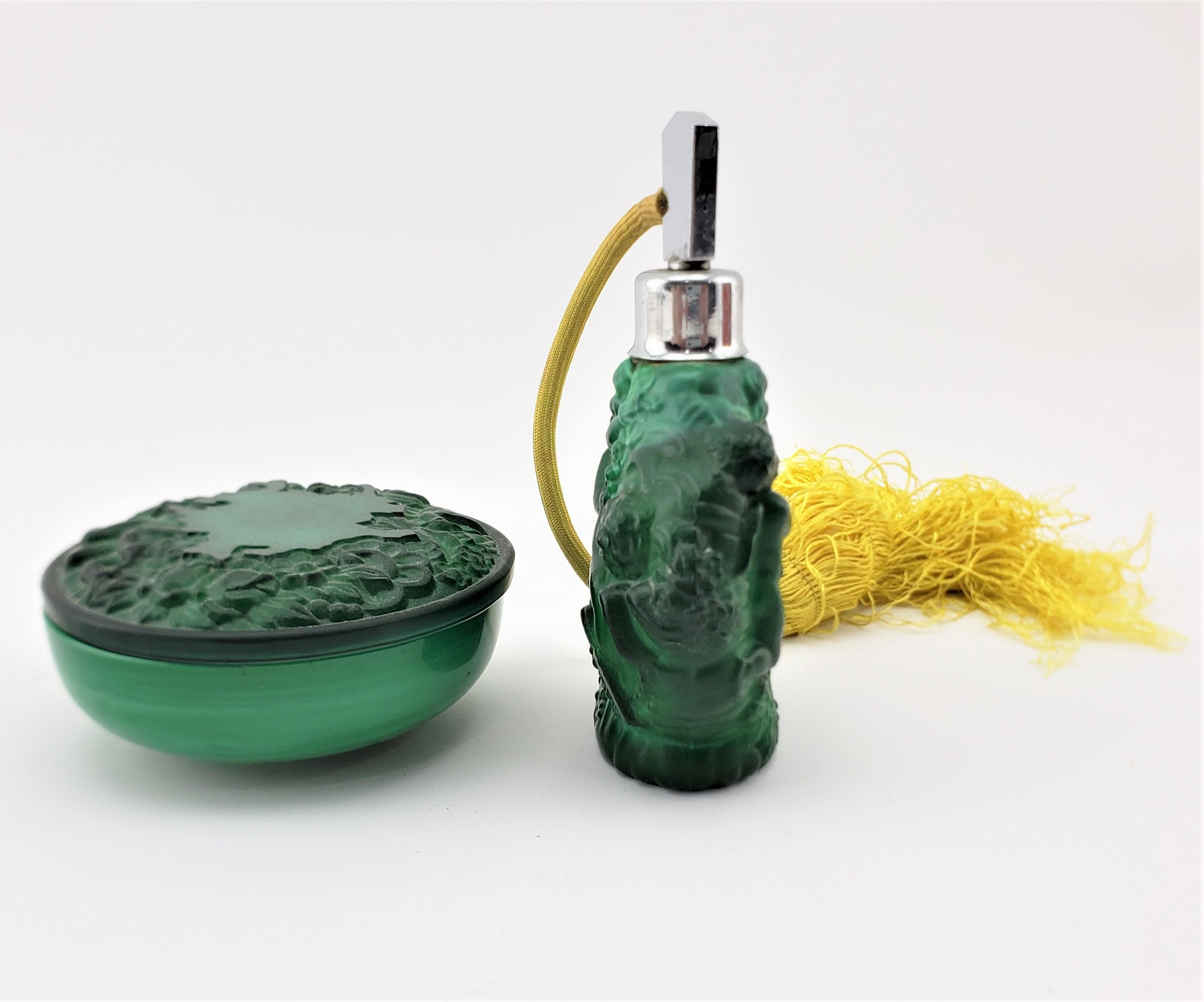 Molded Antique Art Deco Malachite Green Glass Perfume Spray Bottle & Dresser Jar Set For Sale