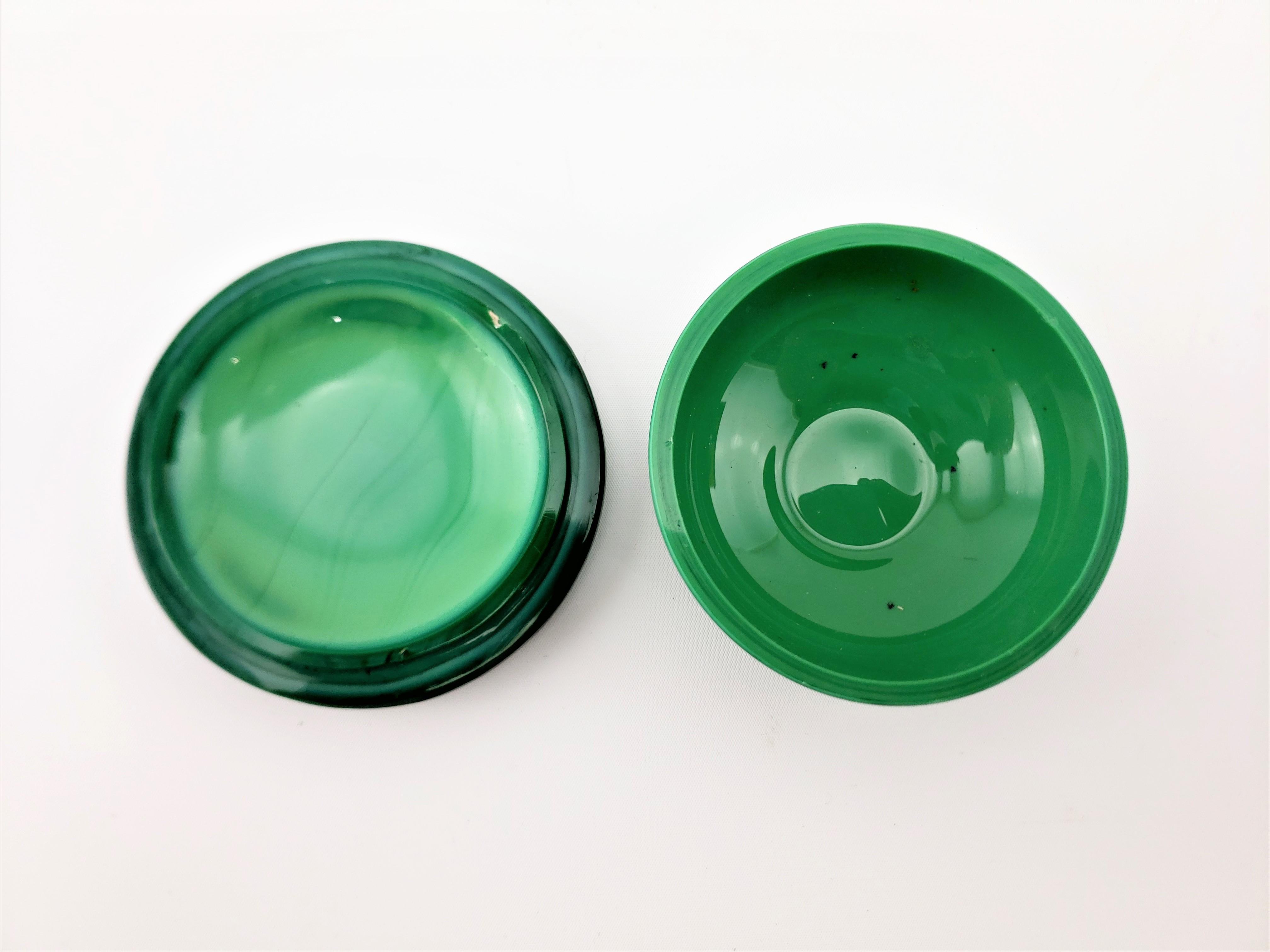 20th Century Antique Art Deco Malachite Green Glass Perfume Spray Bottle & Dresser Jar Set For Sale