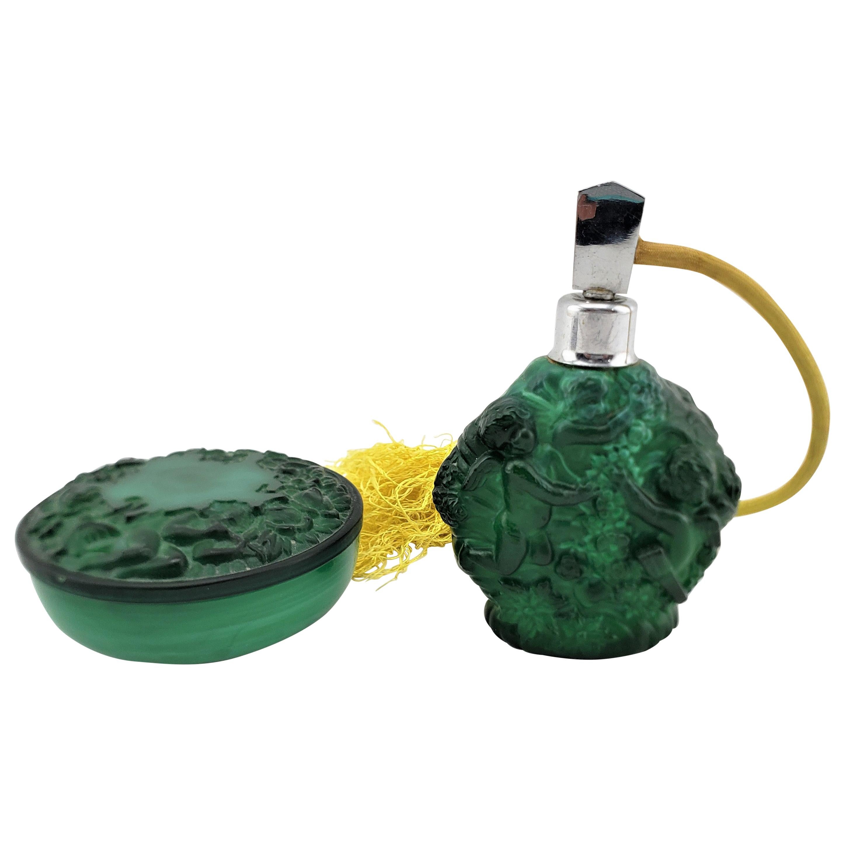 Ensemble ancien flacon de parfum et jarre à parfum en verre vert malachite Art Déco