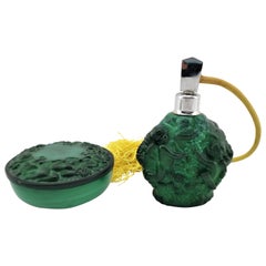 Used Art Deco Malachite Green Glass Perfume Spray Bottle & Dresser Jar Set