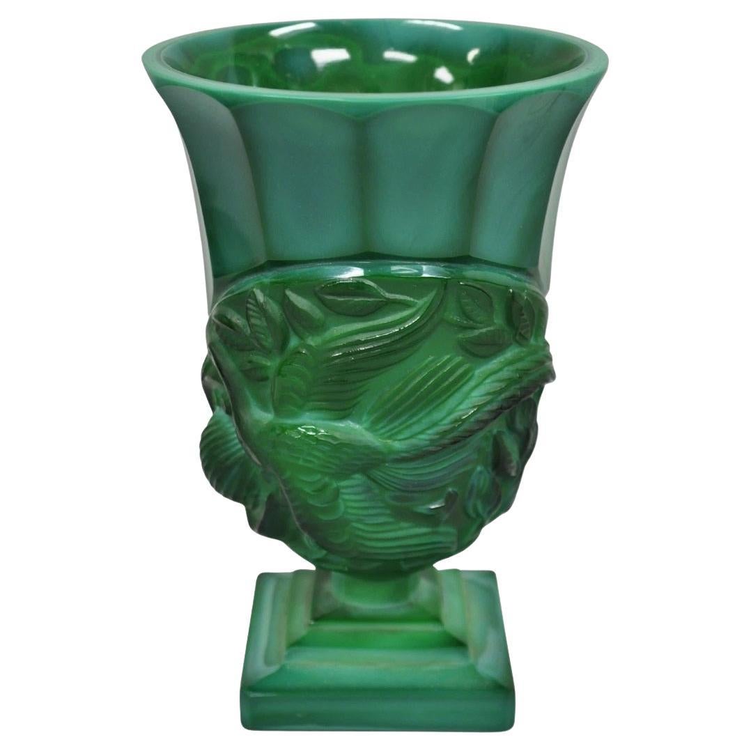 Arte Antiques Art Deco Malachite Jade Green Verre Tchèque Piédestal Vase avec Oiseau