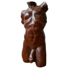 Antique Art Deco Male Nude Wooden Sculpture