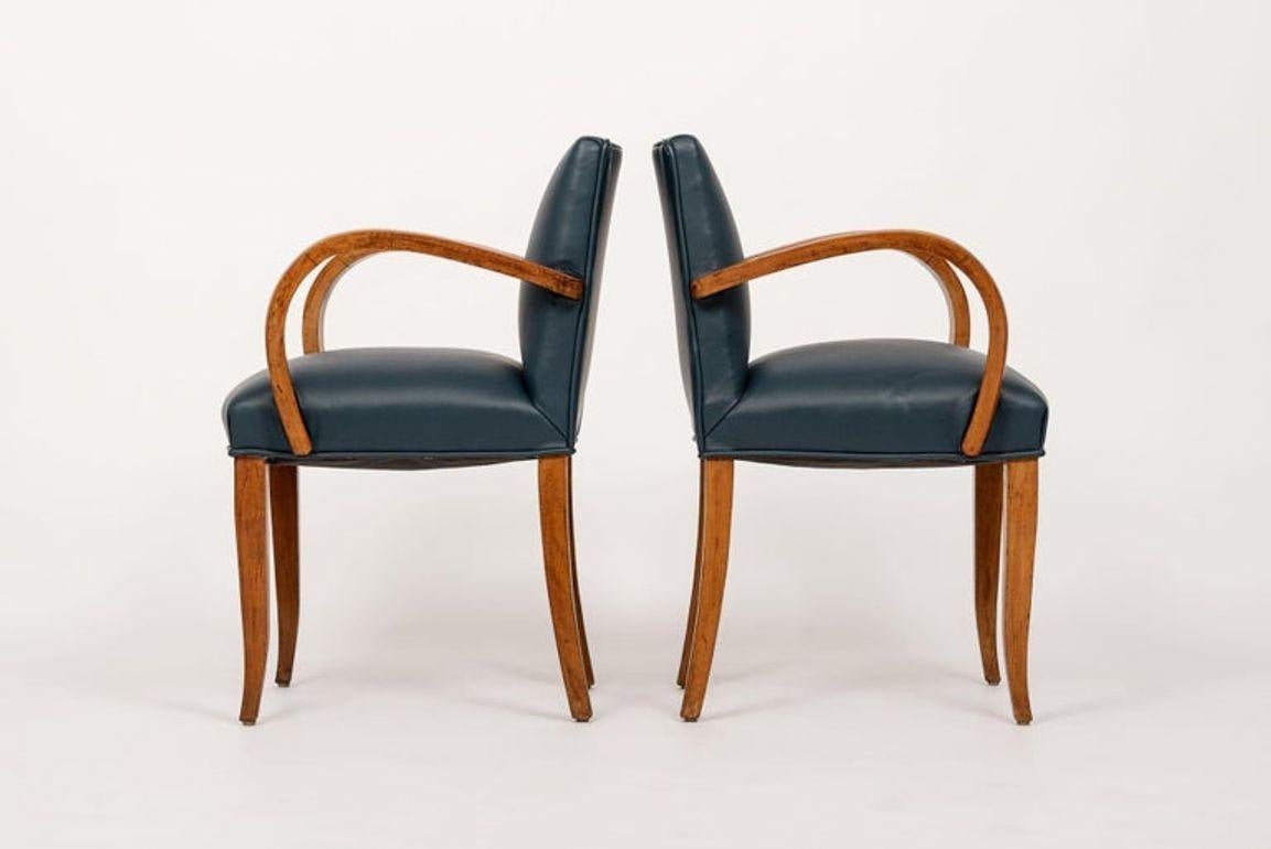Antike Art Deco Ahorn Bugholz und blauem Leder Esszimmerstühle 1930s im Angebot 2