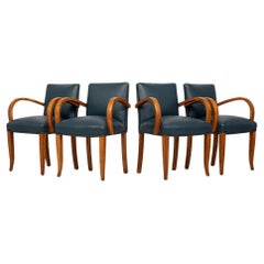 Antike Art Deco Ahorn Bugholz und blauem Leder Esszimmerstühle 1930s