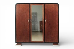 Antique Art Deco Maple Wood Mirrored Armoire Cabinet 1930s