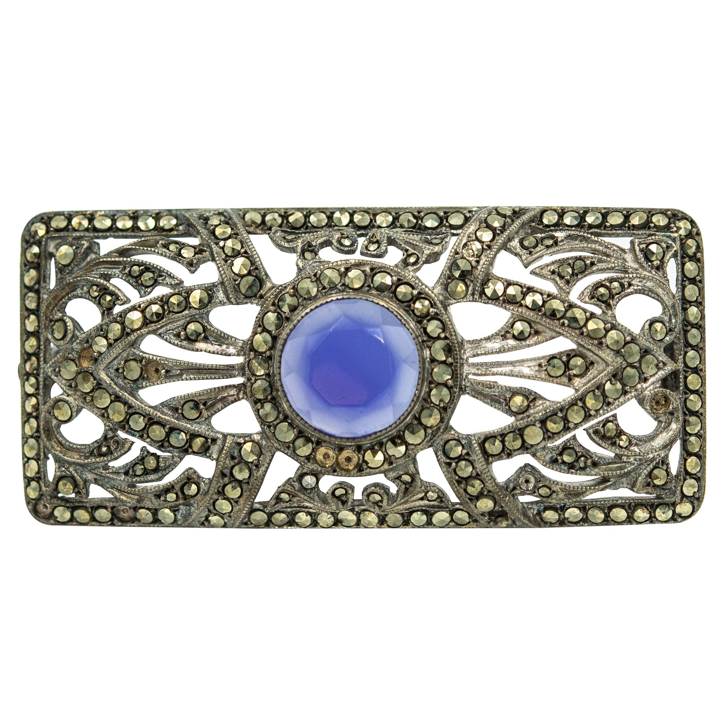 Antique Art Deco Marcasite Silver Openwork Brooch with Blue Center Stone For Sale