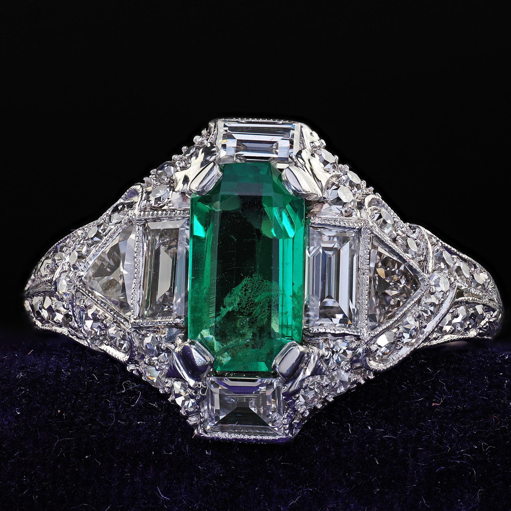 Antique Art Deco Marcus Co Platinum Diamond No Oil Emerald Engagement Ring - GIA For Sale 5
