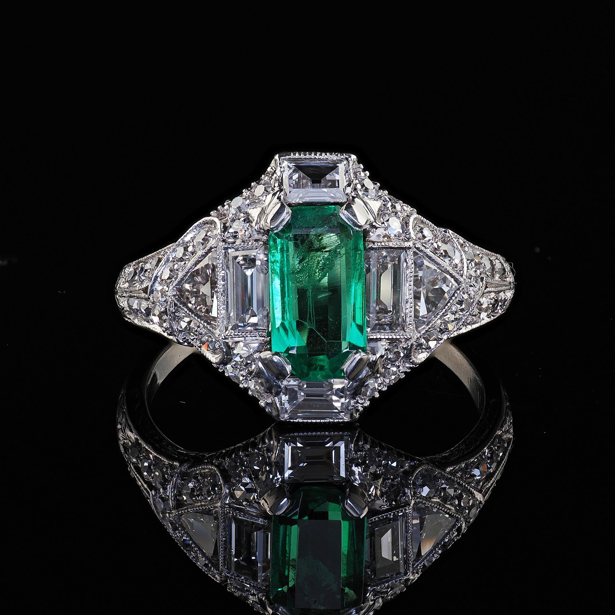 Antique Art Deco Marcus Co Platinum Diamond No Oil Emerald Engagement Ring - GIA For Sale 6